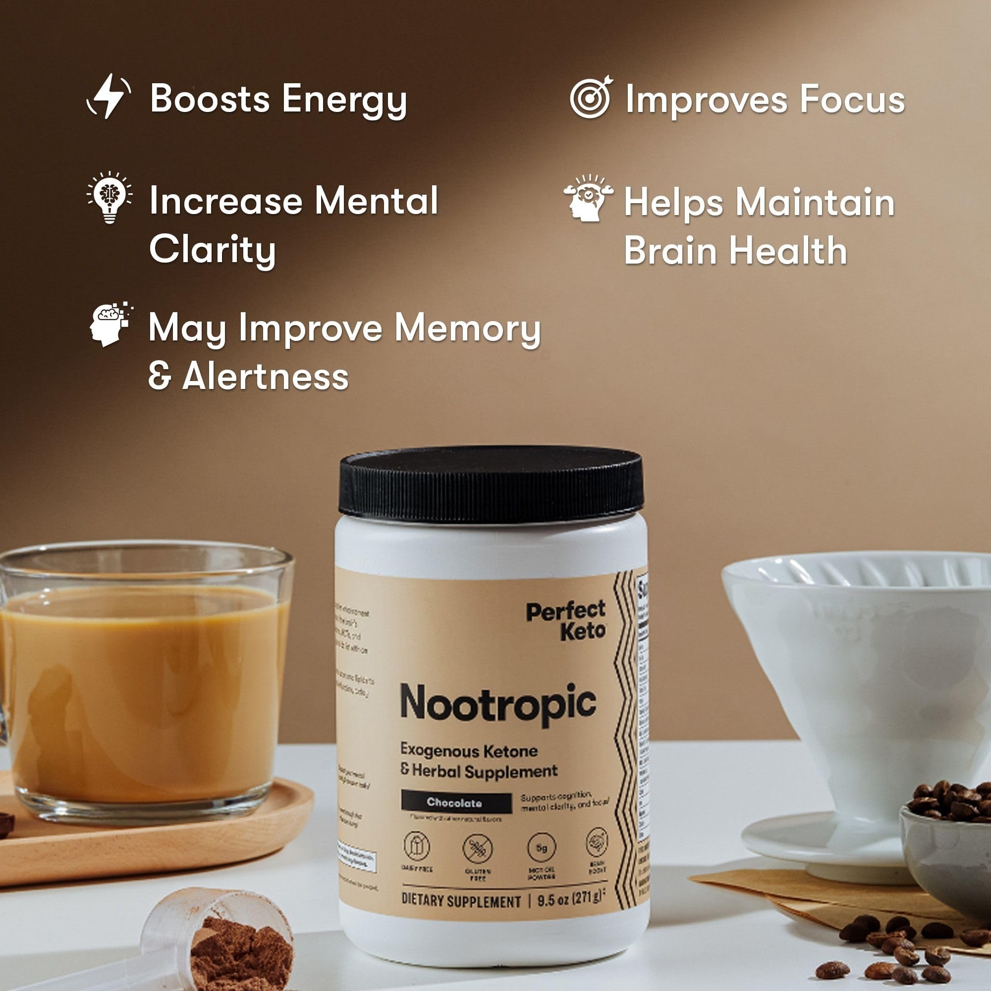 Perfect Keto Nootropic Brain Support, Caffeine Free Focus and Energy Supplement with Alpha Lipoic Acid, L Theanine, Ginkgo Biloba, Alpha GPC, MCT's, Collagen, Ketones, Chocolate Drink Mix, 15 Servings Perfect Keto buy supplements canada