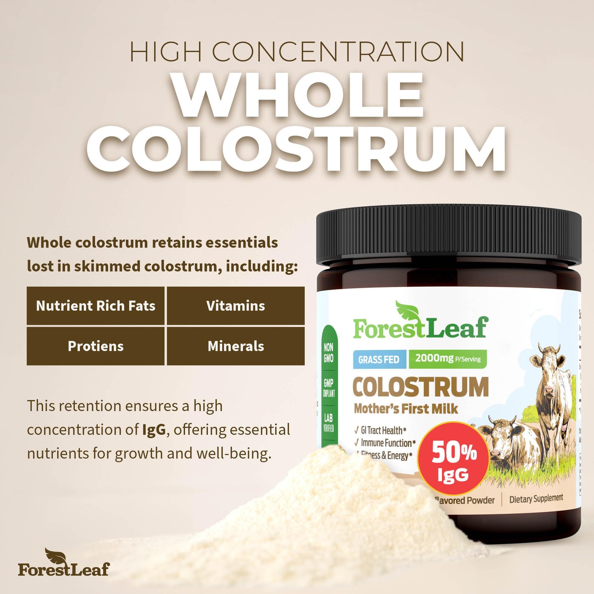 ForestLeaf Colostrum Powder 50% IgG Highest Pure Concentration, Grass Fed Colostrum Supplement for Gut Health, Immune Support and Muscle Recovery, Bovine Colostrum for Humans, Unflavored, 45 Servings ForestLeaf buy supplements canada