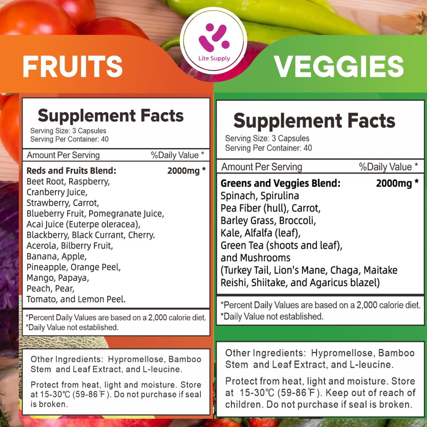 Lite Supply Fruits and Veggies Supplement 240 Caps - 120 Fruit and 120 Veggie Capsules - Whole Food & Natural Superfood Filled with Vitamins & Minerals for Women, Men Supports Energy Levels Lite Supply buy supplements canada