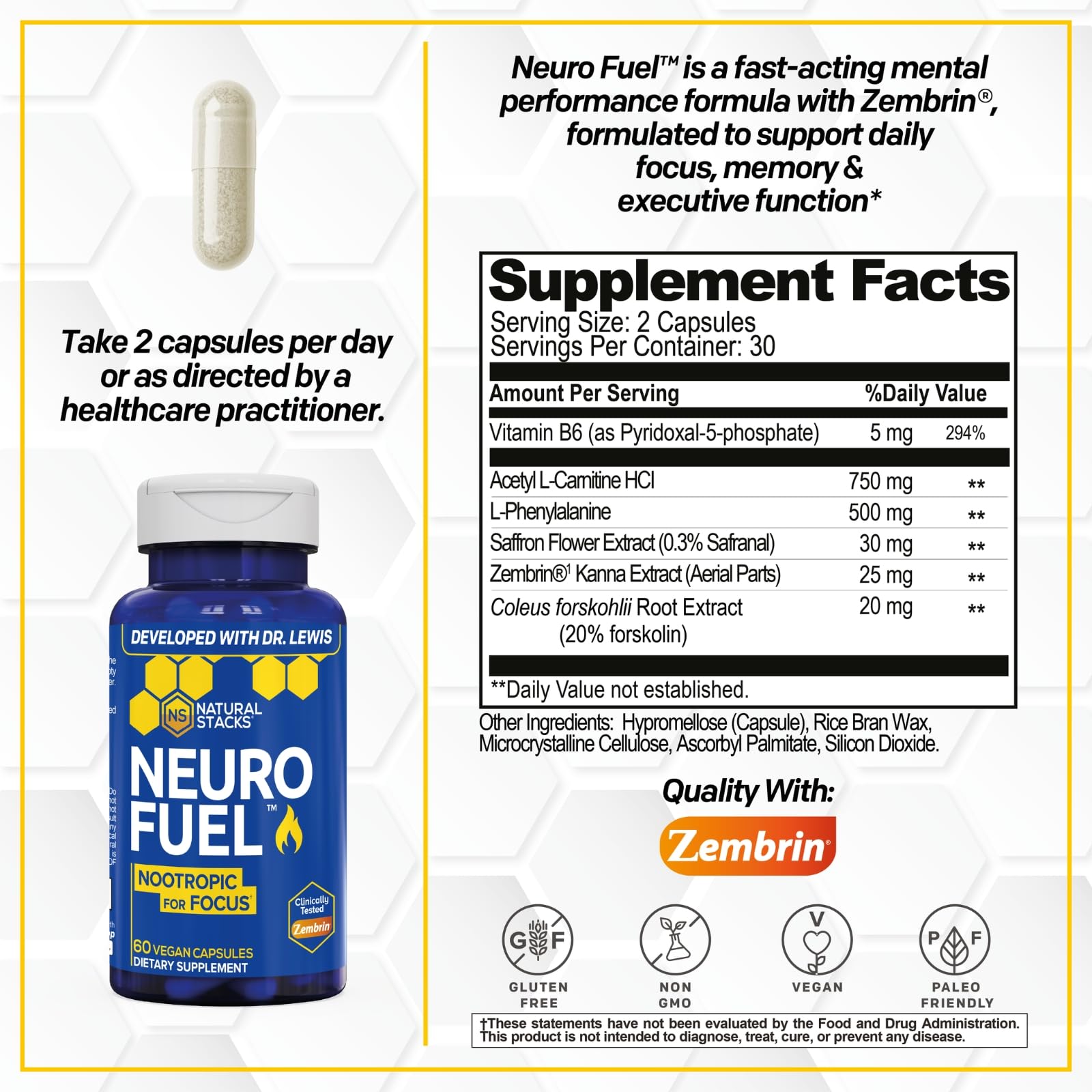 NATURAL STACKS NeuroFuel Nootropic with Zembrin - Doctor Developed Memory & Focus Supplement - Kanna Extract Sceletium Tortuosum - Nootropic Brain Supplement for Focus - 60 Zembrin Capsules NATURAL STACKS buy supplements canada