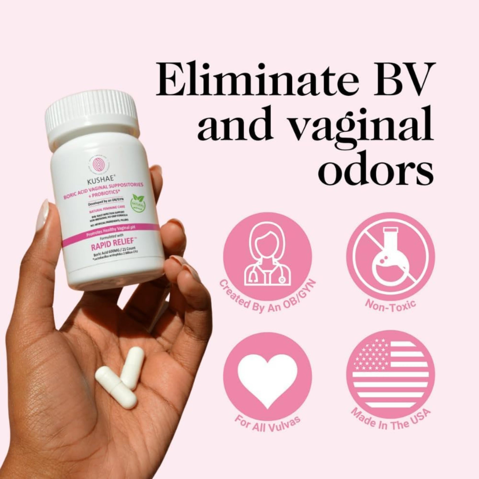 Kushae Boric Acid Suppositories + Rapid Relief, All Natural Female Suppositories with Probiotics & Aloe Vera, Relieves Discomfort & Balances pH Level Bottle Only 21 Capsules Kushae buy supplements canada
