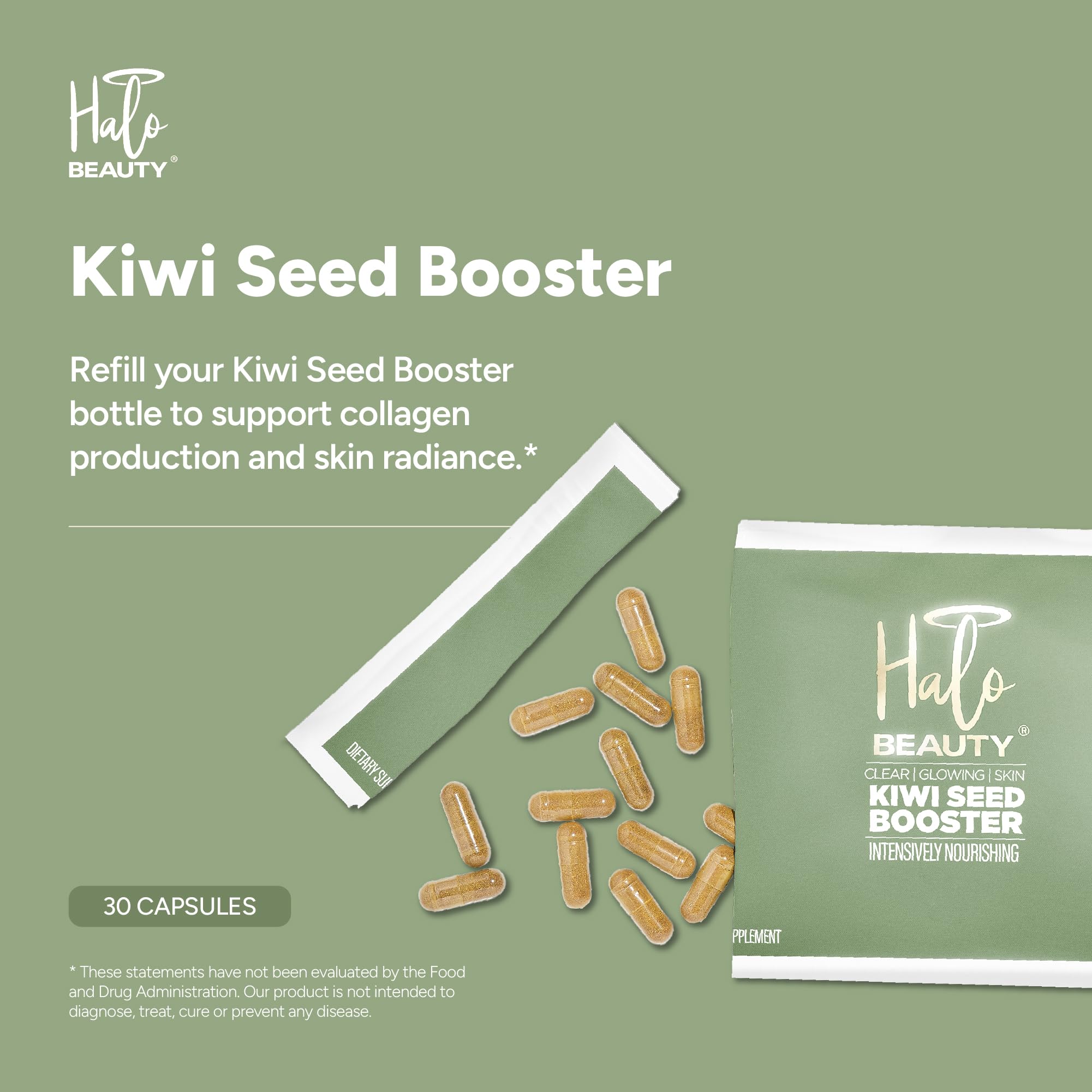 Halo Beauty Kiwi Seed Booster Skin Supplement Refill Pack | Anti-Aging Hydration & Glowing Skin Support with Kiwi Seed, Vitamin C, D3 & Zinc | Vegan Collagen Support Capsules | 1-Month Supply Halo Beauty buy supplements canada
