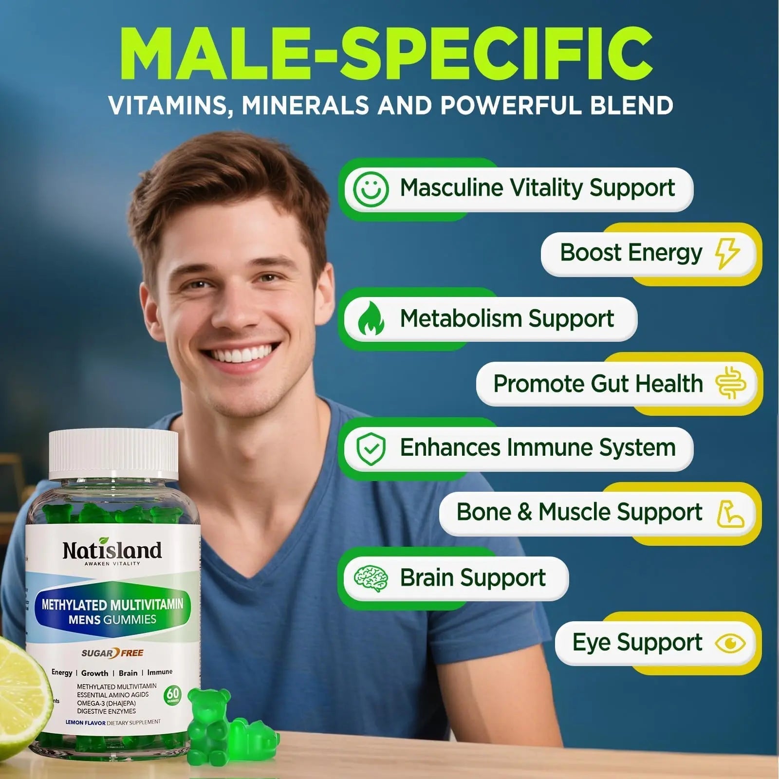 Methylated Multivitamin for Men Gummies, Men`s Multivitamins Gummies with Vitamin B Complex, A, C ,D3, E, K2, Calcium, Magnesium, Omega-3 NATISLAND buy supplements canada