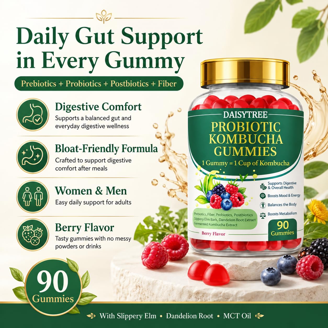 PRIMEHAVEN Probiotic Kombucha Gummies - Prebiotics, Probiotics, Postbiotics, Fiber Supplement, Slippery Elm, Dandelion Root, for Bloating, Gut Health PRIMEHAVEN buy supplements canada