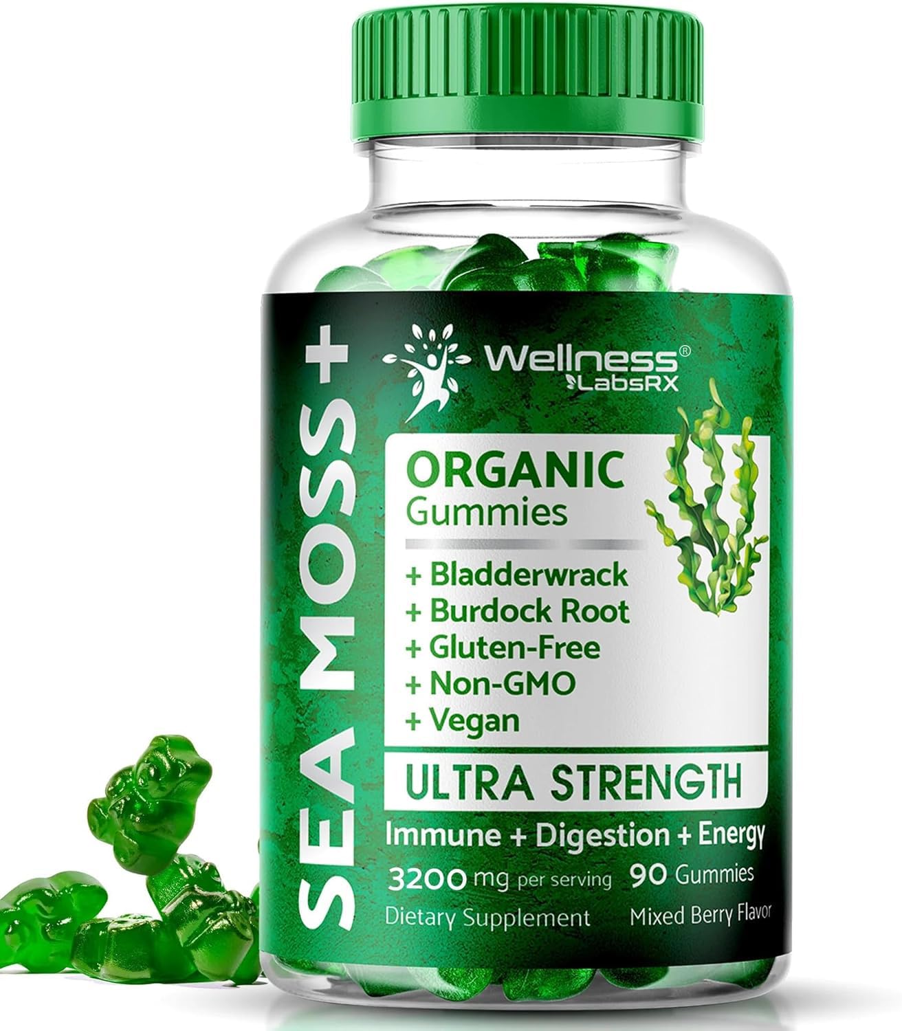 WELLNESS LABSRX Sea Moss Gummies, 3200mg Irish Sea Moss Mixed Berry Flavor with Maximum Potency Bladderwrack and Burdock Root - Supports Skin, Energy and Immunity - 90 Count WELLNESS LABSRX buy supplements canada