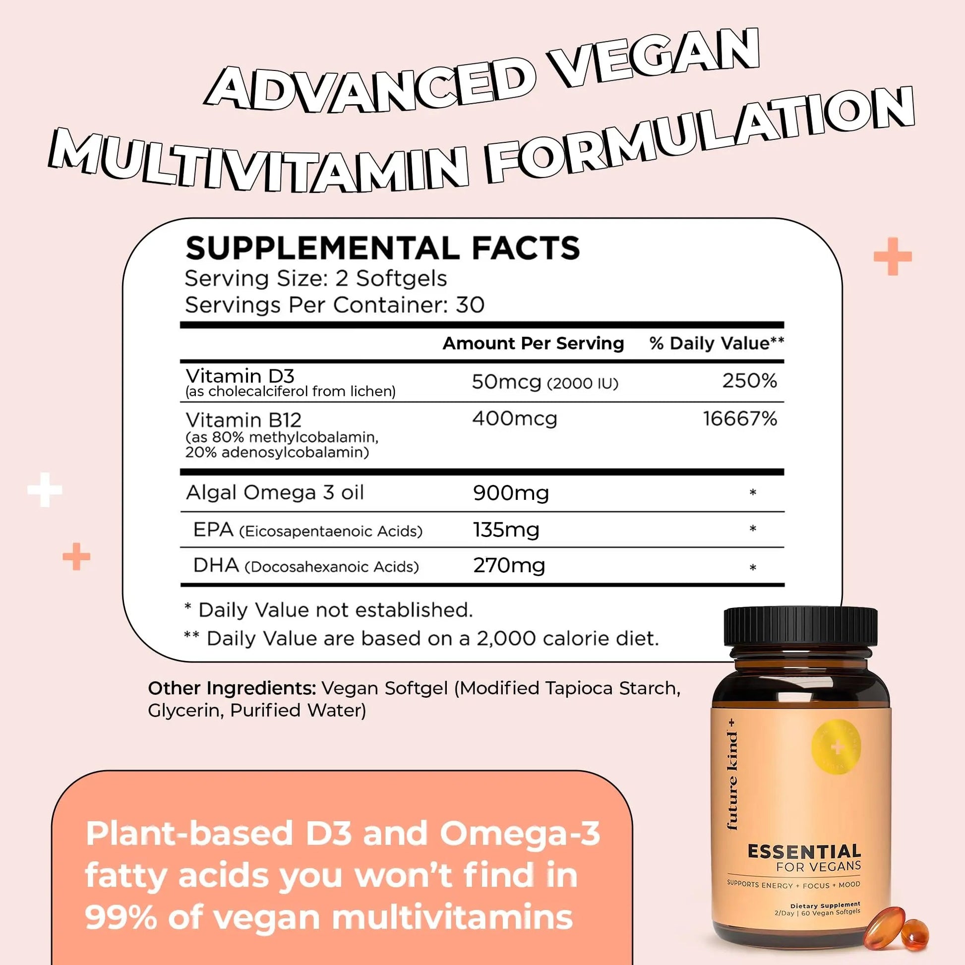 Future Kind Vegan Multivitamins - Glass Bottle & Made for Vegans with Omega 3 DHA, EPA, Vitamin B12 & D3 for Energy, Focus, & Mood (60 Softgels) Future Kind buy supplements canada
