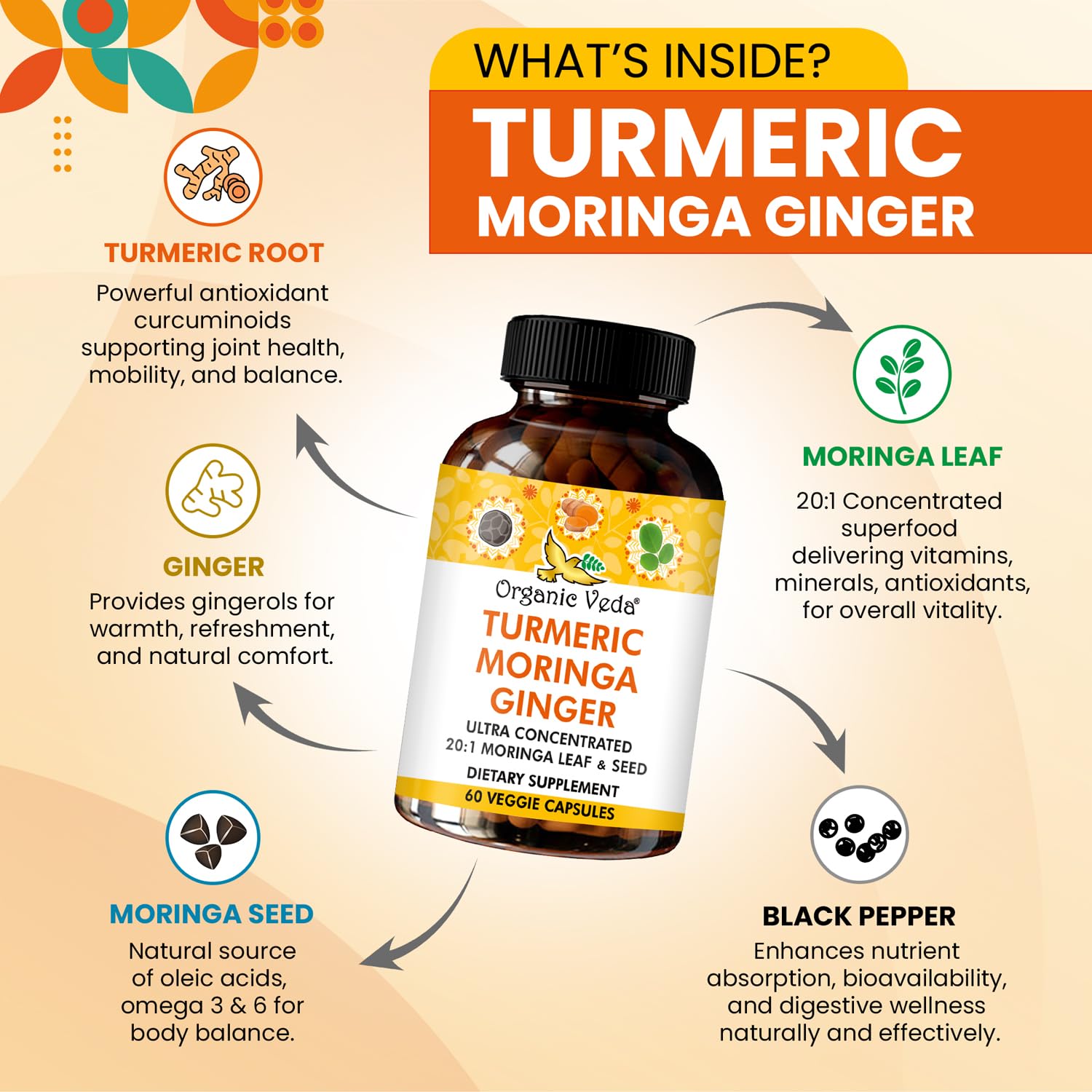 Organic Veda Turmeric Moringa Ginger Capsules - Super Antioxidants & Curcumin Supplement with 20:1 Moringa Leaf & Seed Extract, Black Pepper - Energy, Joints, Heart Health Support - 60 Vegan Pills Organic Veda buy supplements canada