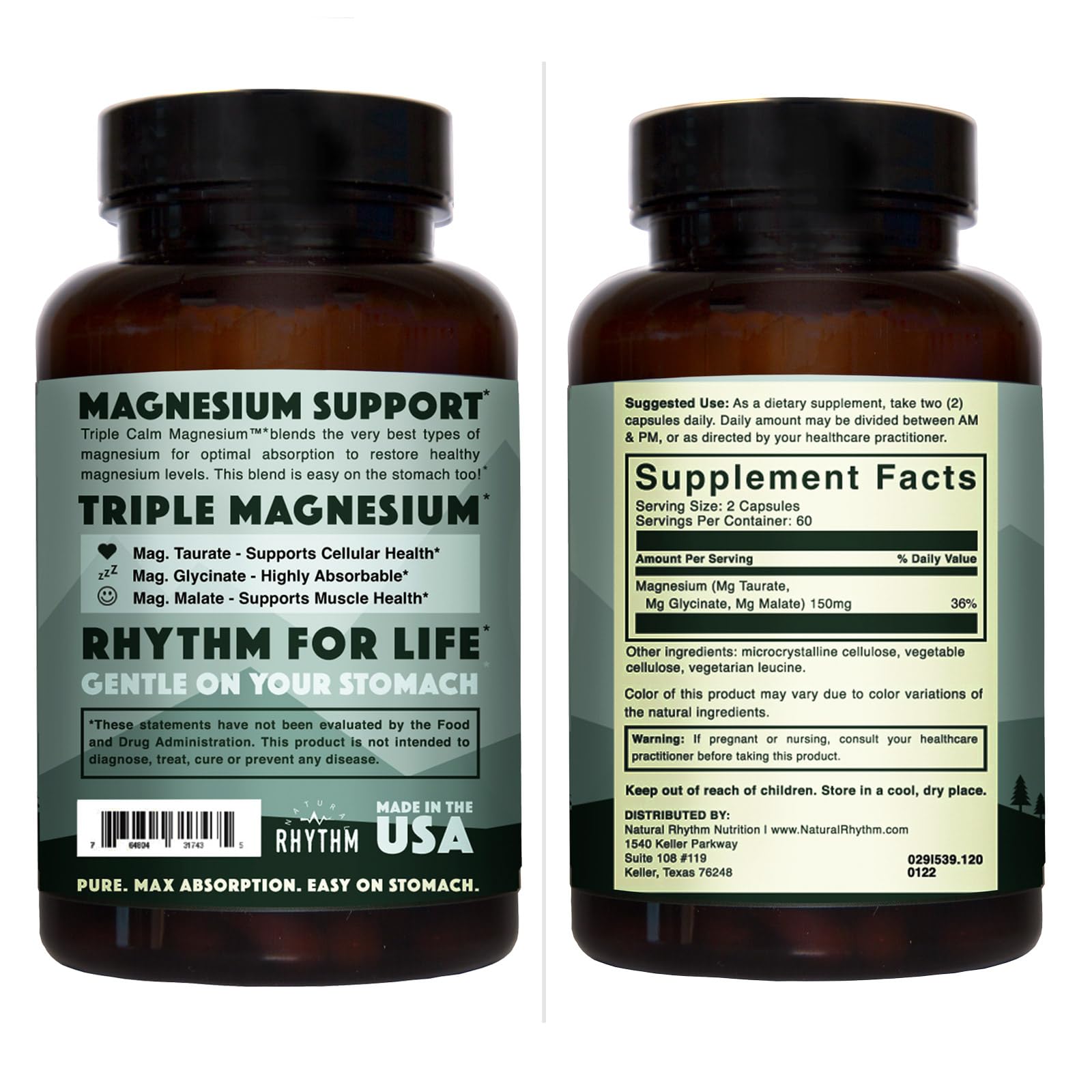 Natural Rhythm Triple Calm Magnesium Complex - 120 Capsules, Chelated Magnesium Glycinate, Taurate & Malate, High Absorption Supplement for Sleep, Stress, Muscle & Heart Support, Non-GMO, Vegan Natural Rhythm buy supplements canada