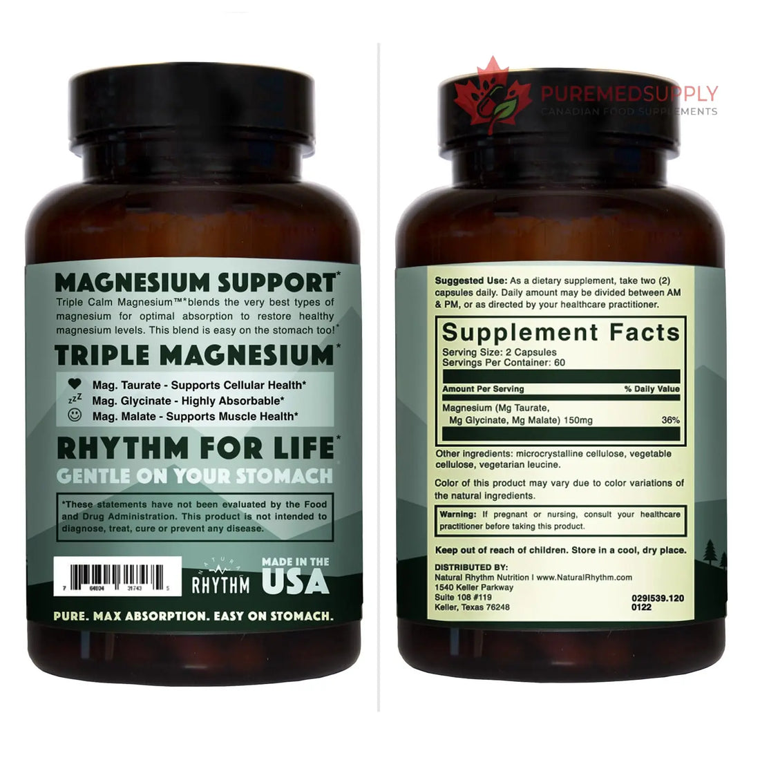 Natural Rhythm Triple Calm Magnesium Complex - 120 Capsules, Chelated Magnesium Glycinate, Taurate & Malate, High Absorption Supplement for Sleep, Stress, Muscle & Heart Support, Non-GMO, Vegan Natural Rhythm buy supplements canada