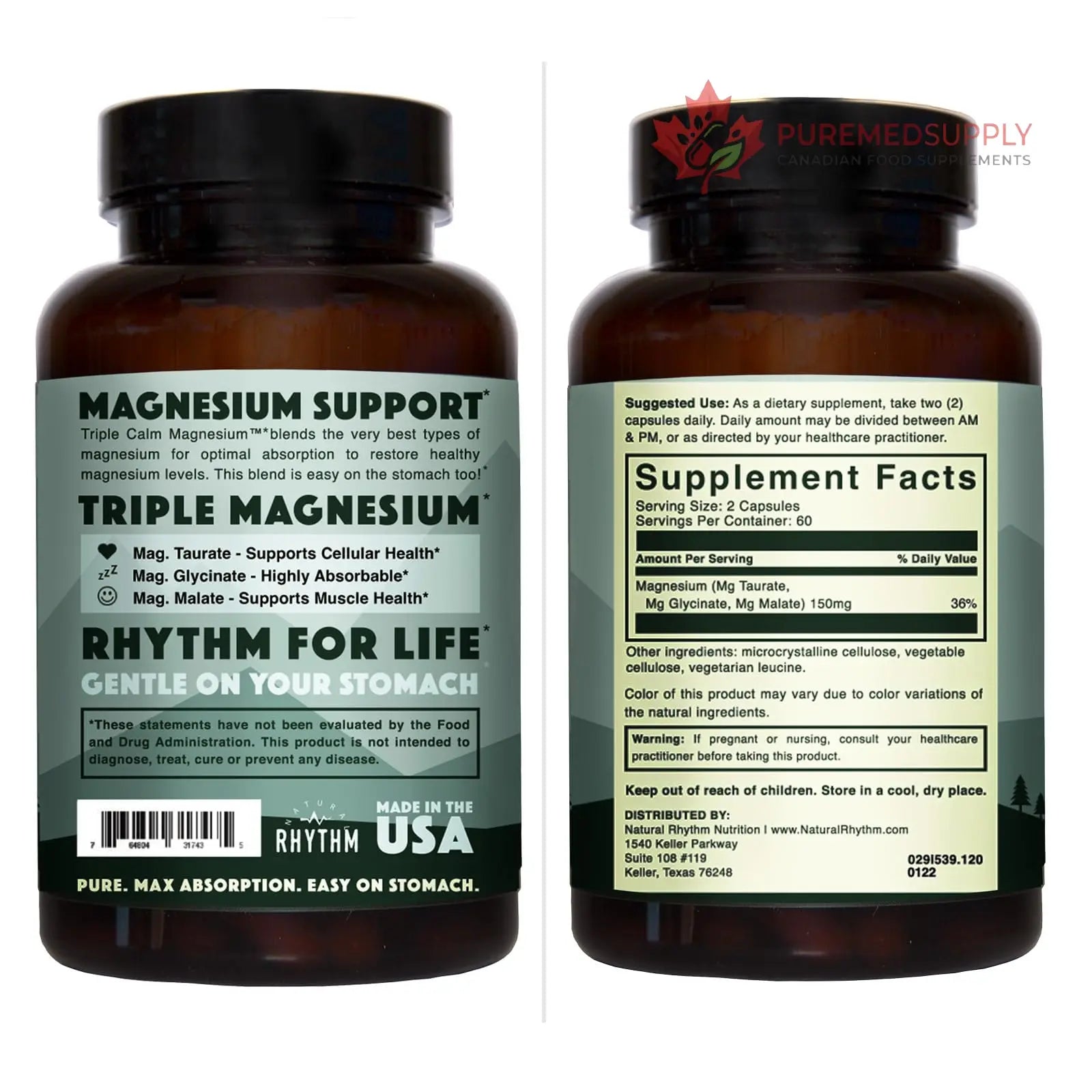 Natural Rhythm Triple Calm Magnesium Complex - 120 Capsules, Chelated Magnesium Glycinate, Taurate & Malate, High Absorption Supplement for Sleep, Stress, Muscle & Heart Support, Non-GMO, Vegan Natural Rhythm buy supplements canada