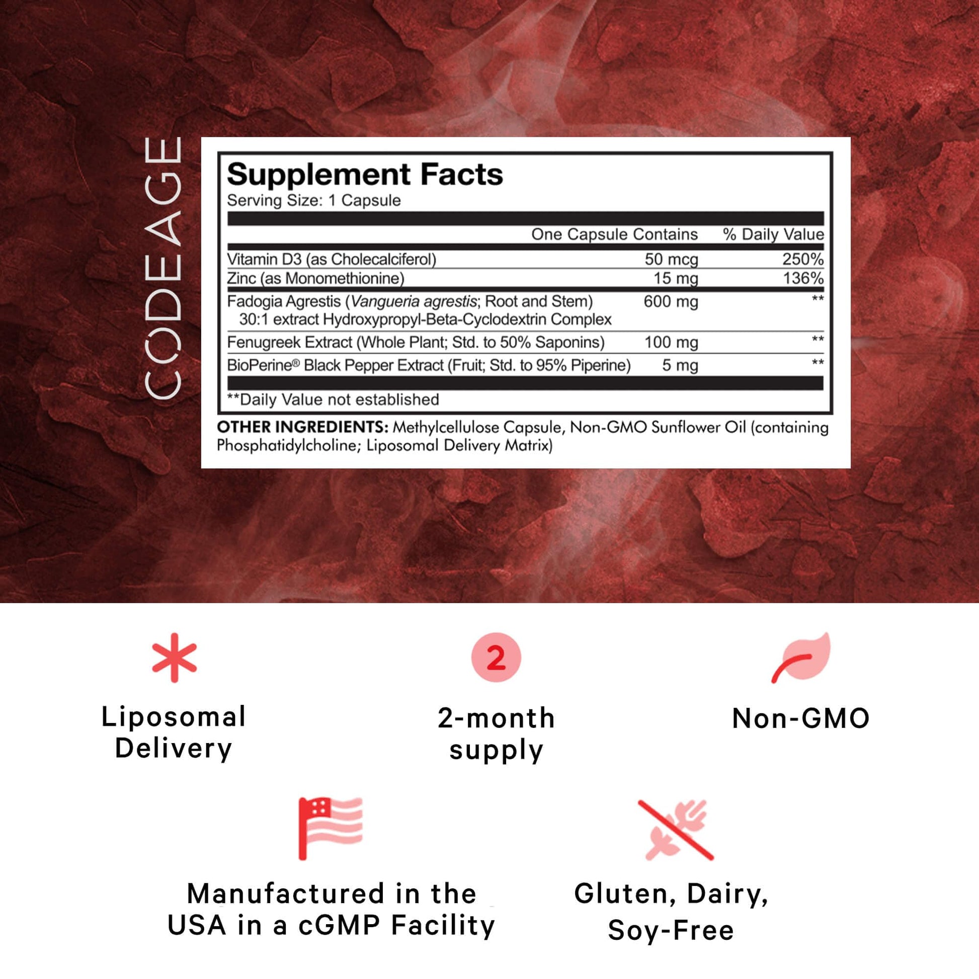 Codeage Liposomal Fadogia Agrestis 600mg Supplement - Fadogia Agrestis 30:1 Extract, Vitamin D3, Zinc, Fenugreek, BioPerine Black Pepper - 2-Month Supply - Liposomal Delivery - Non-GMO, 60 Capsules Codeage buy supplements canada