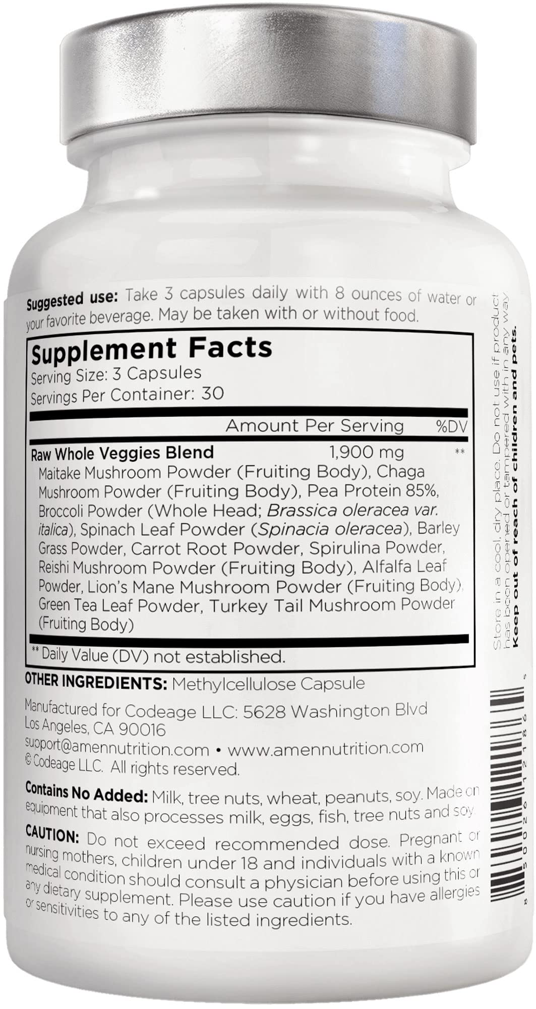 Amen Veggies, Daily Veggies Vitamins Supplement, Vegetables Vegan Blend & Whole-Food Raw Greens Multivitamin Capsules, Mushroom Complex, Superfood, Minerals, Green Vegetable Nutrients, Non-GMO, 90 ct Amen buy supplements canada