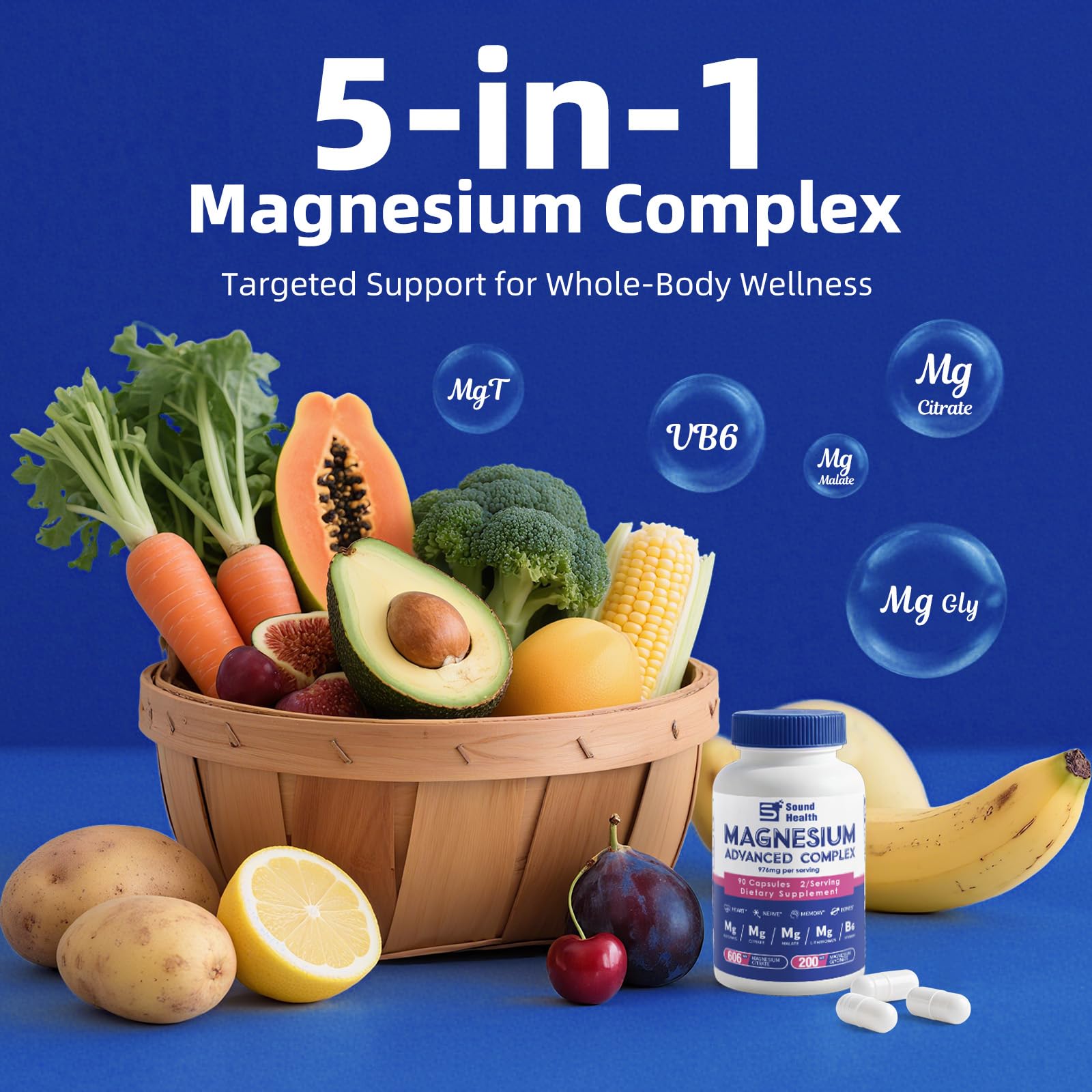 5 in 1 Magnesium Complex Capsule 976mg wtih Magnesium Glycinate, Citrate, Malate, L-Threonate & Vitamin B6, High Absorption Magnesium Complex for Women & Men, Third-Party Tested, Vegan, Non-GMO Sound Health Plus buy supplements canada