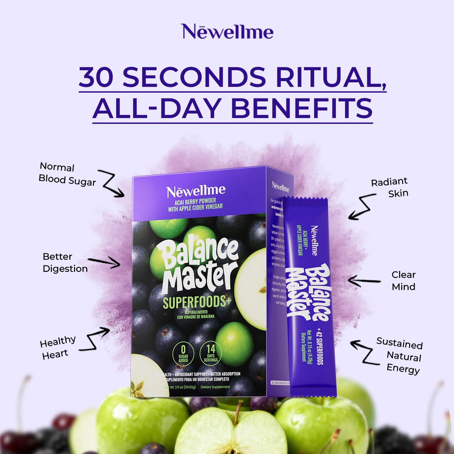 NEWELLME Balance Master Acai Apple Cider Vinegar Powder, Healthy Blood Sugar Support, Probiotics & Digestive Enzymes for Metabolic Support, Vegan Non-GMO, 14 Servings NEWELLME buy supplements canada