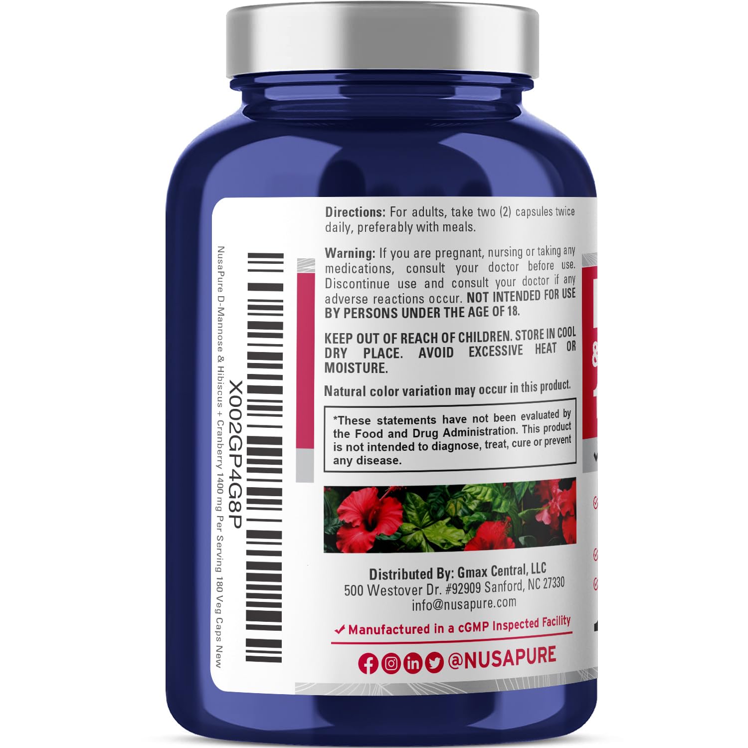 NusaPure D-Mannose Complex 1400 mg (with Hibiscus and Cranberry) - 180 Veggie Caps Non-GMO & Vegan NusaPure buy supplements canada