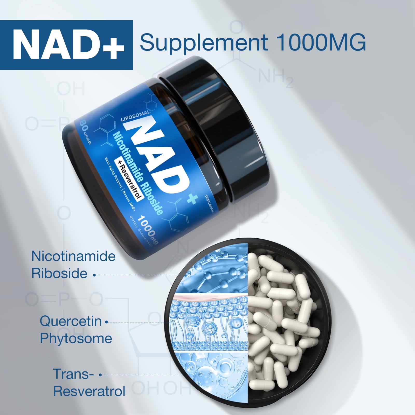 TOPCAPAK NAD+ Supplement - NAD Nicotinamide Riboside Resveratrol, Liposomal NAD+ Supplement 1000mg for for Women & Men - Healthy Aging, Brain and Cellular Energy, Non-GMO, 80 Capsules TOPCAPAK buy supplements canada