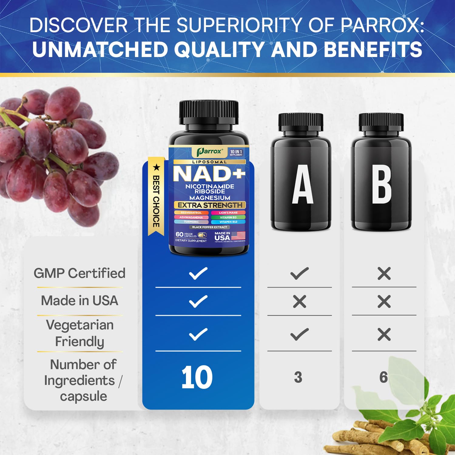 Parrox NAD+ Supplement with Liposomal NAD+, Nicotinamide Riboside, Magnesium, Vitamin B3 & B12, Resveratrol, Turmeric, Ashwagandha, Lion’s Mane,10-in-1 Extra Strength Parrox buy supplements canada