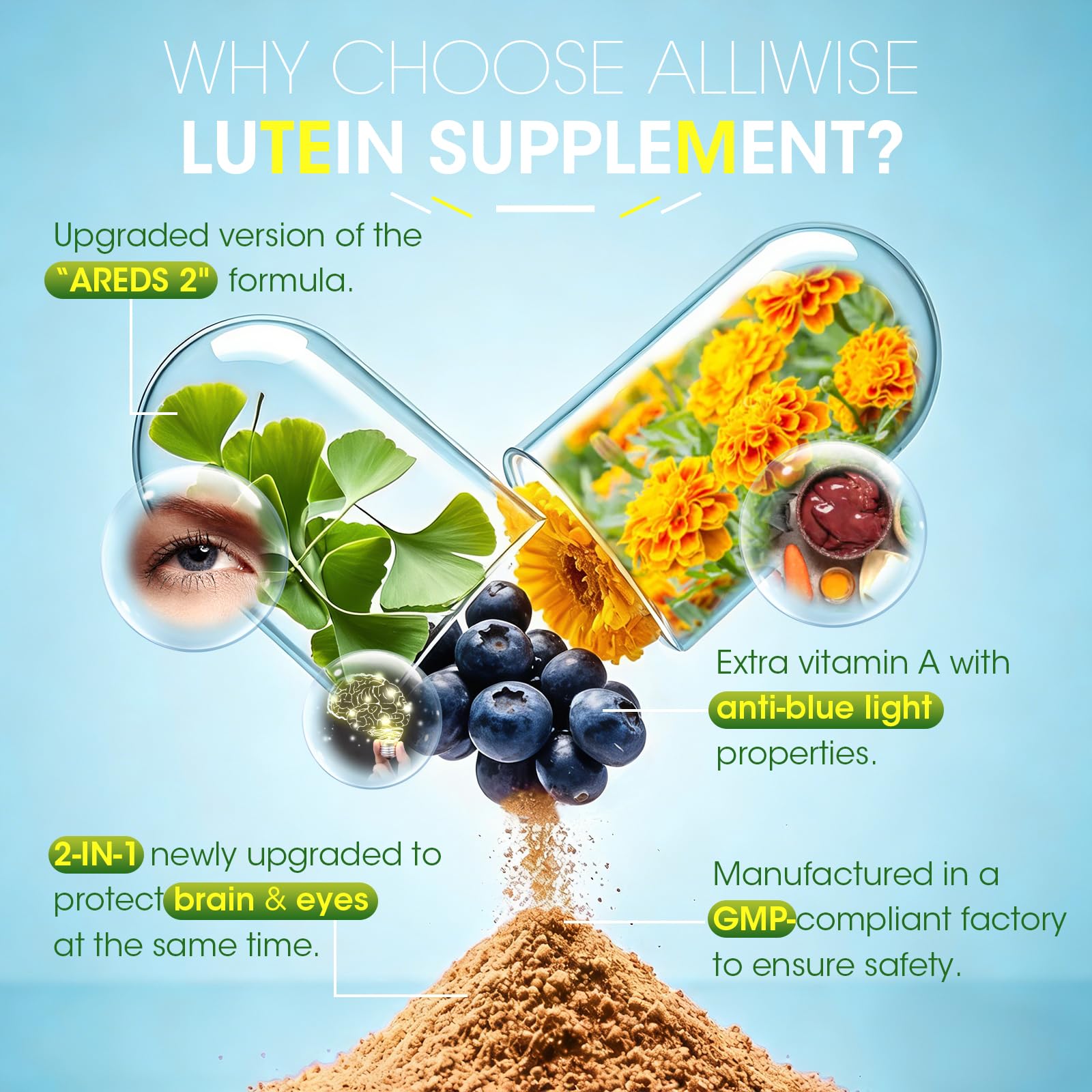 Eye + Brain Supplements for Memory and Focus, Lutein 40mg, Zeaxanthin, Astaxanthin, Bilberry, Lion’s Mane, Bacopa Monnieri, Ginkgo Biloba, 14 in 1 Eye Vitamins for Adults & Seniors 120 Capsules Alliwise buy supplements canada
