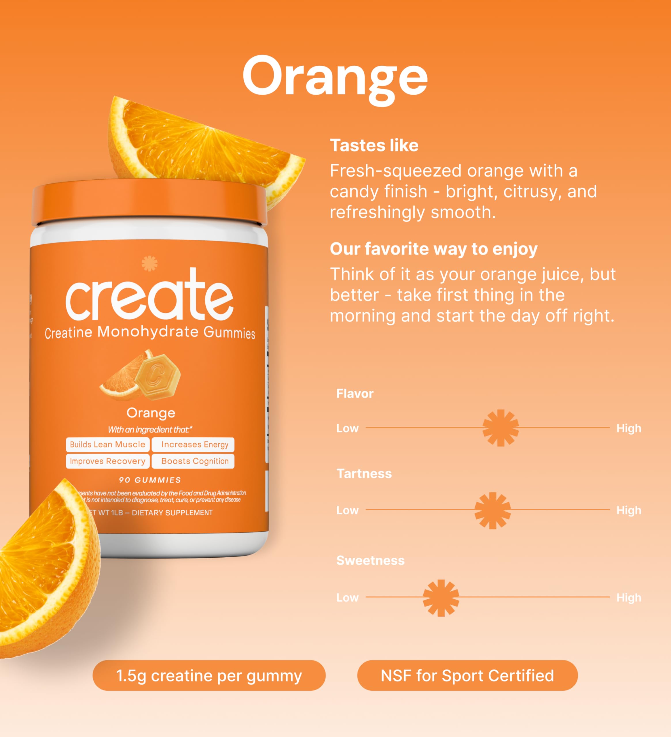 Create Creatine Monohydrate Gummies for Men & Women, Boost Focus, Strength, and Endurance, Anti-Melting Formula, Vegan, Gluten-Free, Non-GMO, 1.5g of Creatine per Gummy (Orange) Create buy supplements canada
