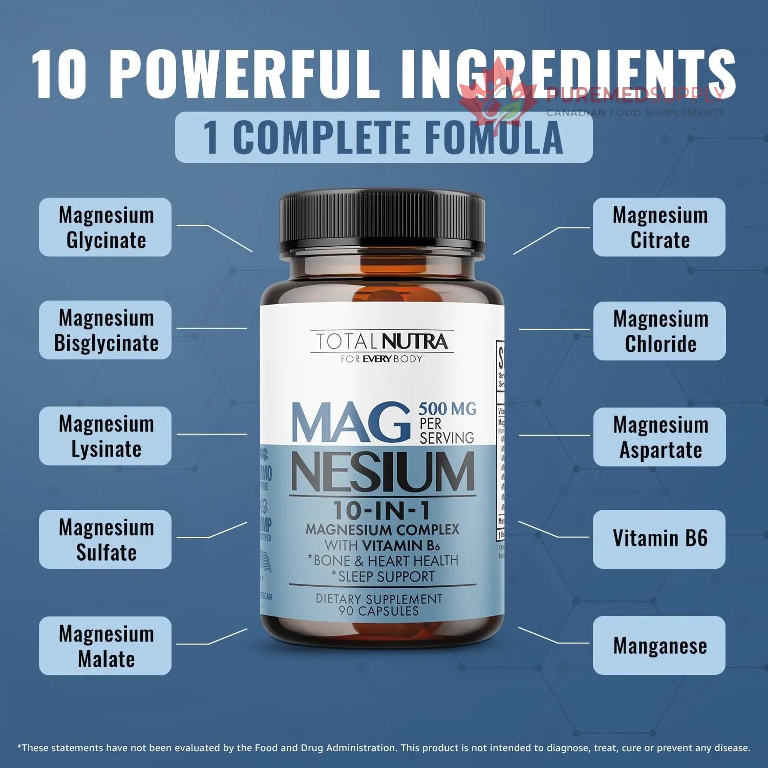 10-in-1 Magnesium Supplement 500 mg | High Absorption Magnesium Complex with Mag Glycinate, Citrate, Vitamin B6 Magnesium for Sleep, Muscle, Bone & Heart Health, Vegan & Gluten-Free, 45 Day Supply Total Nutra buy supplements canada