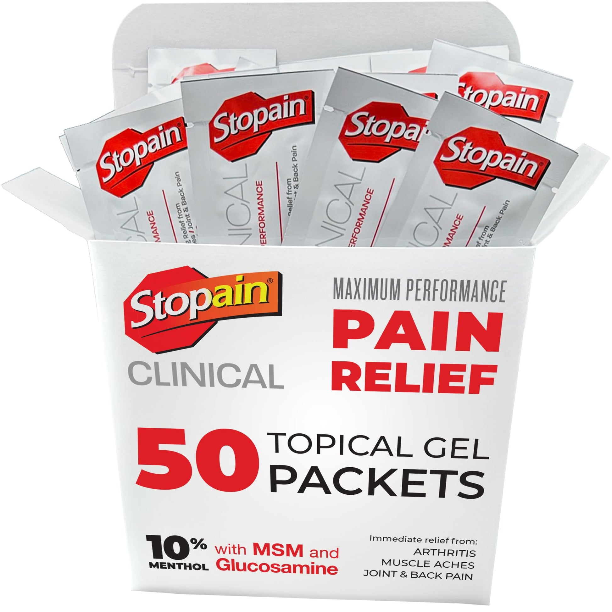 Stopain Pain Relief Clinical Gel Packets, 50 Pack, Made in USA, Maximum Performance Pain Relief with 10% Menthol Plus Glucosamine for Muscle Aches, Joint Pain, and Arthritis Stopain buy supplements canada