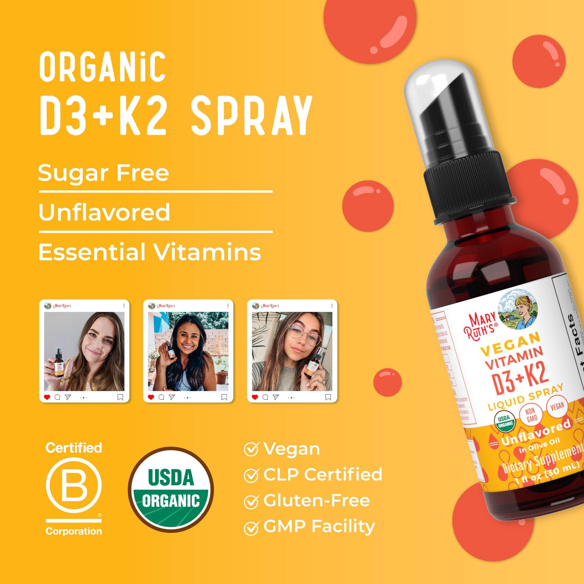 MaryRuth's Organic D3 + K2 Spray for Adults & Kids for Bone Health | Vitamin D3 as Cholecalciferol | Vitamin K2 | Immunity | Mineral Absorption | Heart Health | Vegan | Non-GMO | Gluten Free | 1 Fl Oz MARYRUTH'S buy supplements canada
