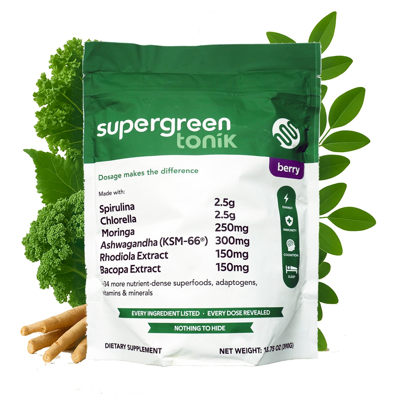 SUPERGREEN TONIK 100% Natural Greens Superfood Powder – Daily Supplement with 40 Superfoods, Vitamins and Minerals – Supports Energy, Stress and Immunity – 30 Days 360 Grams Berry Flavor (1 Bag) SUPERGREEN TONIK buy supplements canada