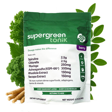 SUPERGREEN TONIK 100% Natural Greens Superfood Powder – Daily Supplement with 40 Superfoods, Vitamins and Minerals – Supports Energy, Stress and Immunity – 30 Days 360 Grams Berry Flavor (1 Bag) SUPERGREEN TONIK buy supplements canada