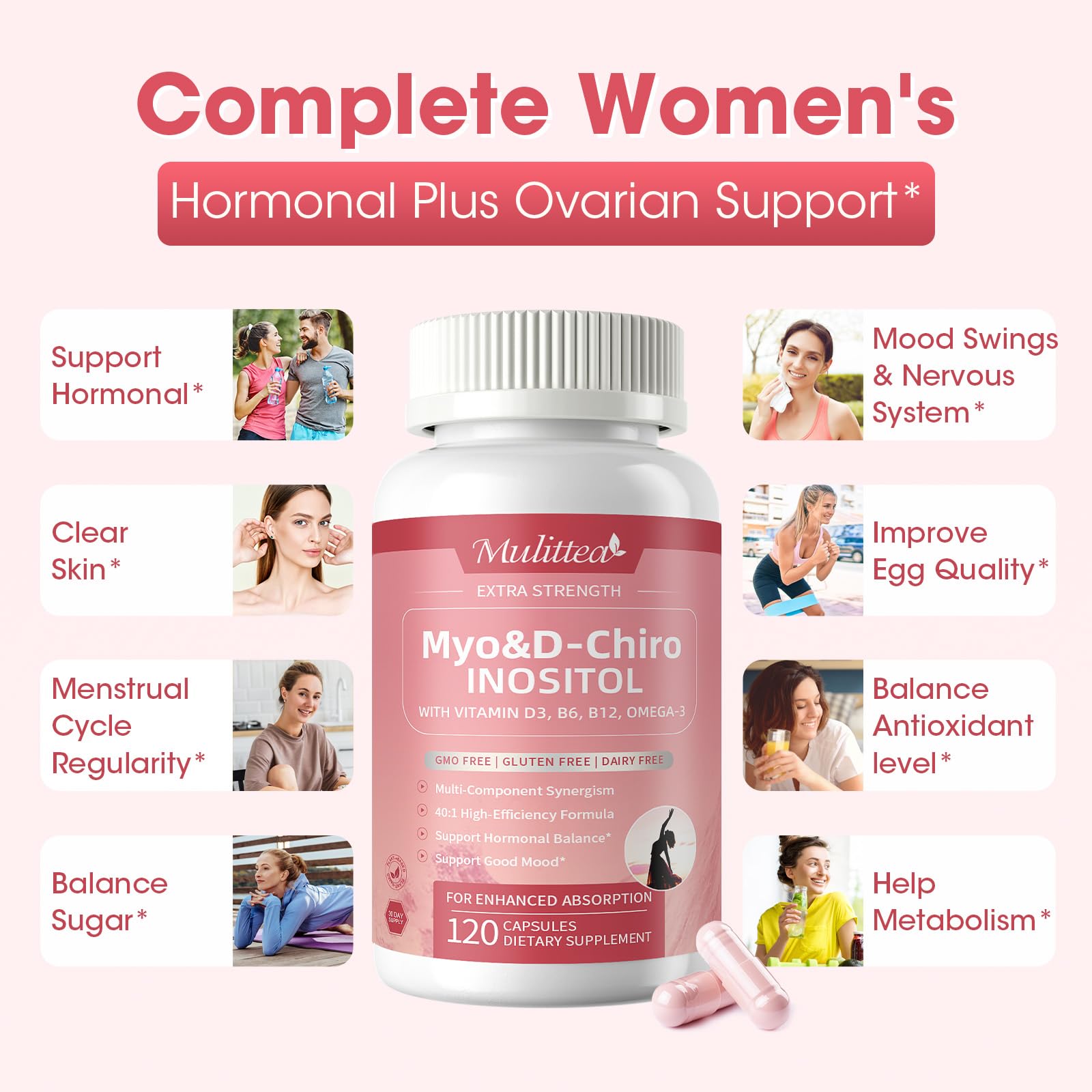 Mulittea Myo-Inositol & D-Chiro Supplement for Women - 14-in-1 Liposomal Inositol with Folic Acid,Omega-3 & Multivitamin for Hormone Balance,Support Ovarian,Skin & Mood- 40:1 Vegan 120 Capsules Mulittea buy supplements canada