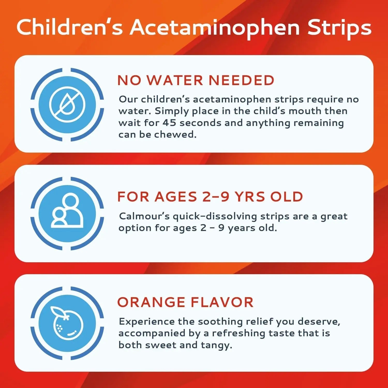 CALMOUR Children's Acetaminophen 36 Strips | Pain Reliever & Fever Reducer | Fast-Acting Support for Cold & Flu Symptoms | Oral Chewable Strips for Kids Ages 2-9 | Travel Size, Orange Flavor CALMOUR buy supplements canada