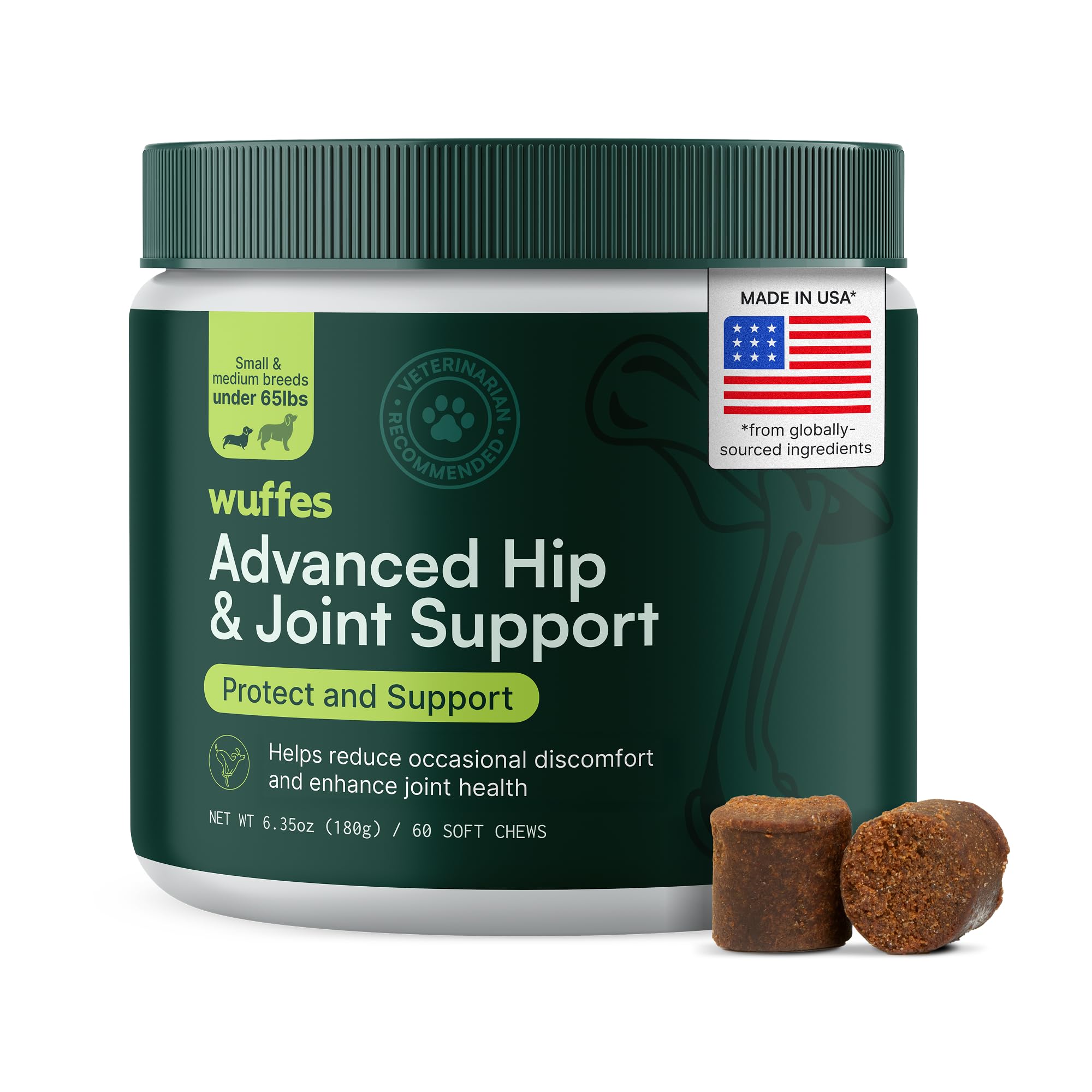 Wuffes Advanced Dog Hip and Joint Supplement with Glucosamine, Chondroitin, Omega 3, MSM, and Green Lipped Mussel, 60 Pork Flavored Chews for Small and Medium Dog Breeds Wuffes buy supplements canada