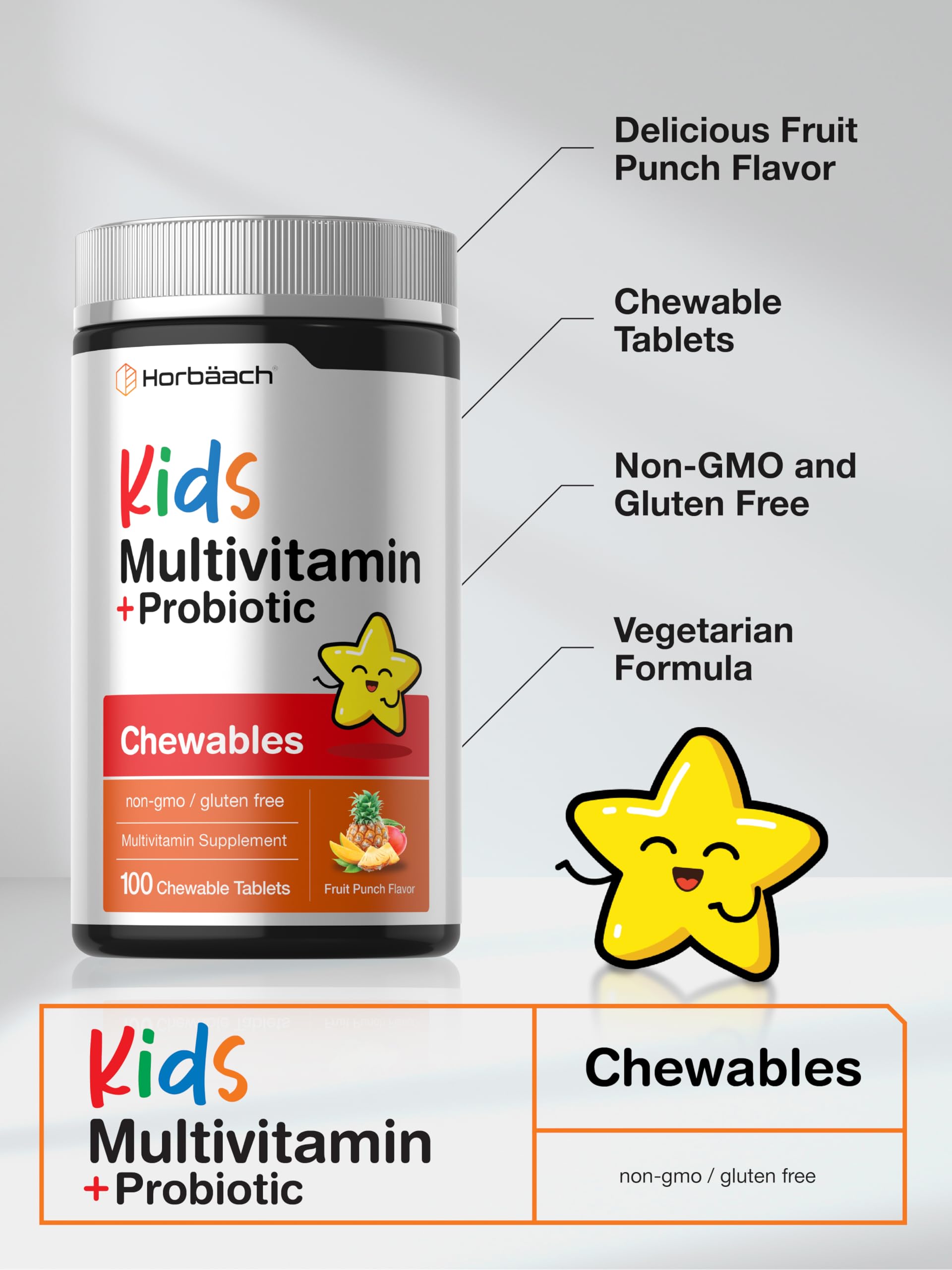 Horbäach Kids Multivitamin with Probiotics | 100 Chewable Tablets | Fruit Punch Flavor | Vegetarian, Non-GMO, Gluten Free Children's Supplement Horbäach buy supplements canada
