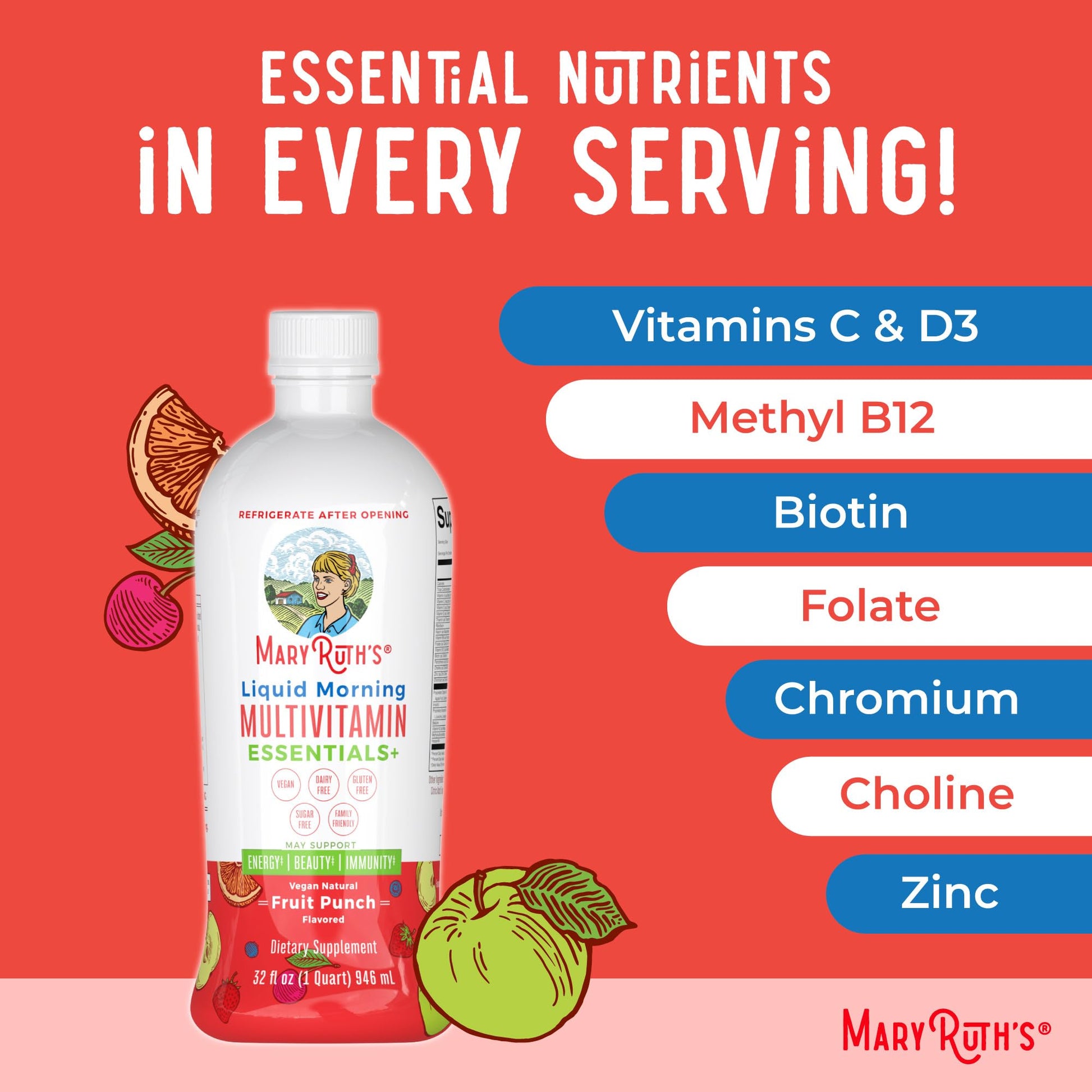 MaryRuth Organics Liquid Morning Multivitamin Essentials+ | Vitamin A C D E B6 B12 Biotin Zinc, Mens Womens Multivitamin, Immune Support, Beauty | Sugar Free | Vitamins for Ages 1+ | Vegan | 32 Fl Oz MARYRUTH'S buy supplements canada