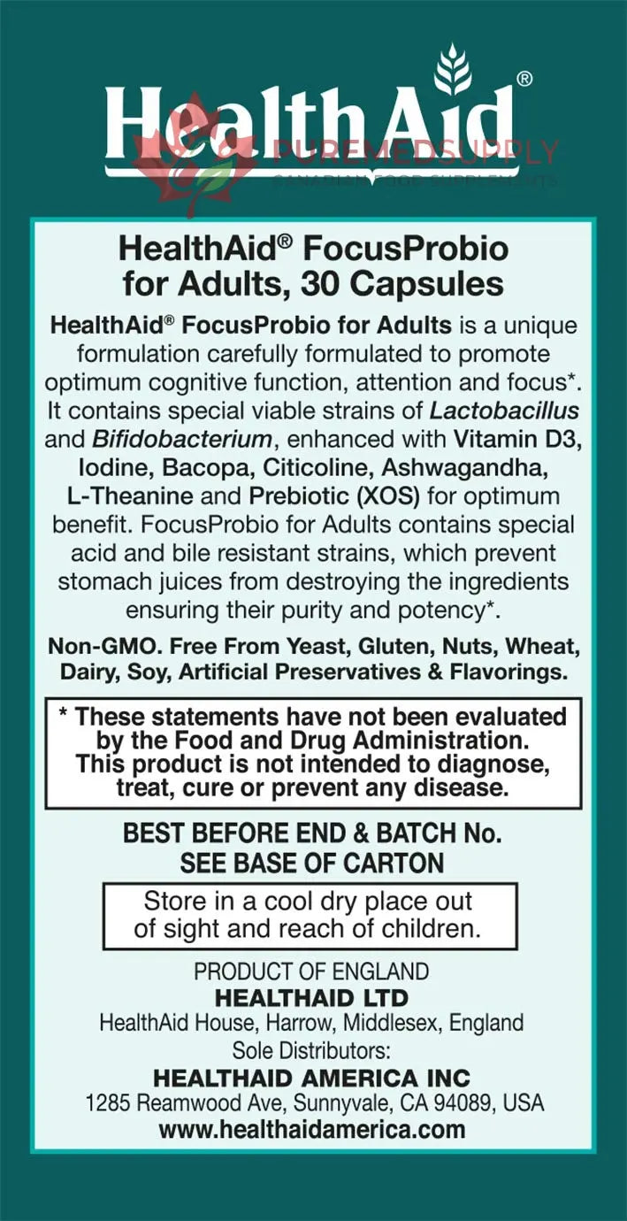 FocusProbio for Adults – 10 Billion CFU Probiotic with Prebiotic, Bacopa, Citicoline, L‑Theanine, Ashwagandha & Vitamin D₃ | Supports Focus, Mood & Gut-Brain Balance – Vegetarian, Once Daily HealthAid buy supplements canada
