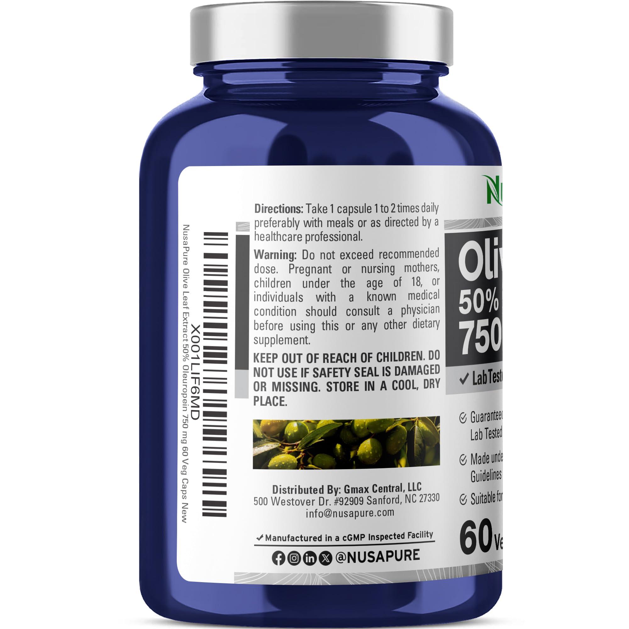 NusaPure Olive Leaf Extract 750 mg - 50% Oleuropein - Vegan and Vegetarian Non-GMO - Super Strength - No Oil - 60 Capsules NusaPure buy supplements canada