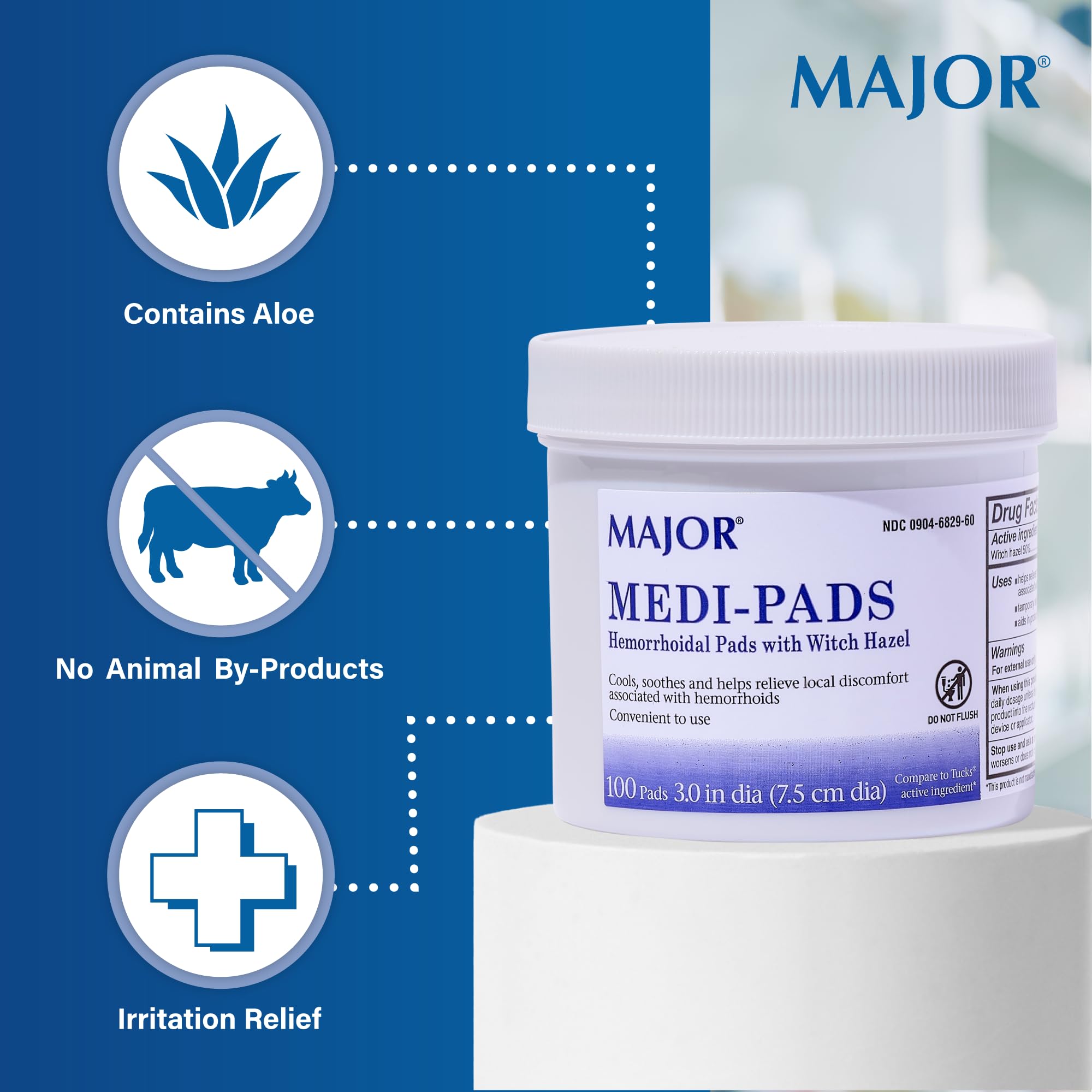 MAJOR Medi-Pads - Hemorrhoidal Hygienic Cleansing Witch Hazel Pads - Cooling Relief with Aloe - 100 Count Jar (1 Pack) MAJOR buy supplements canada