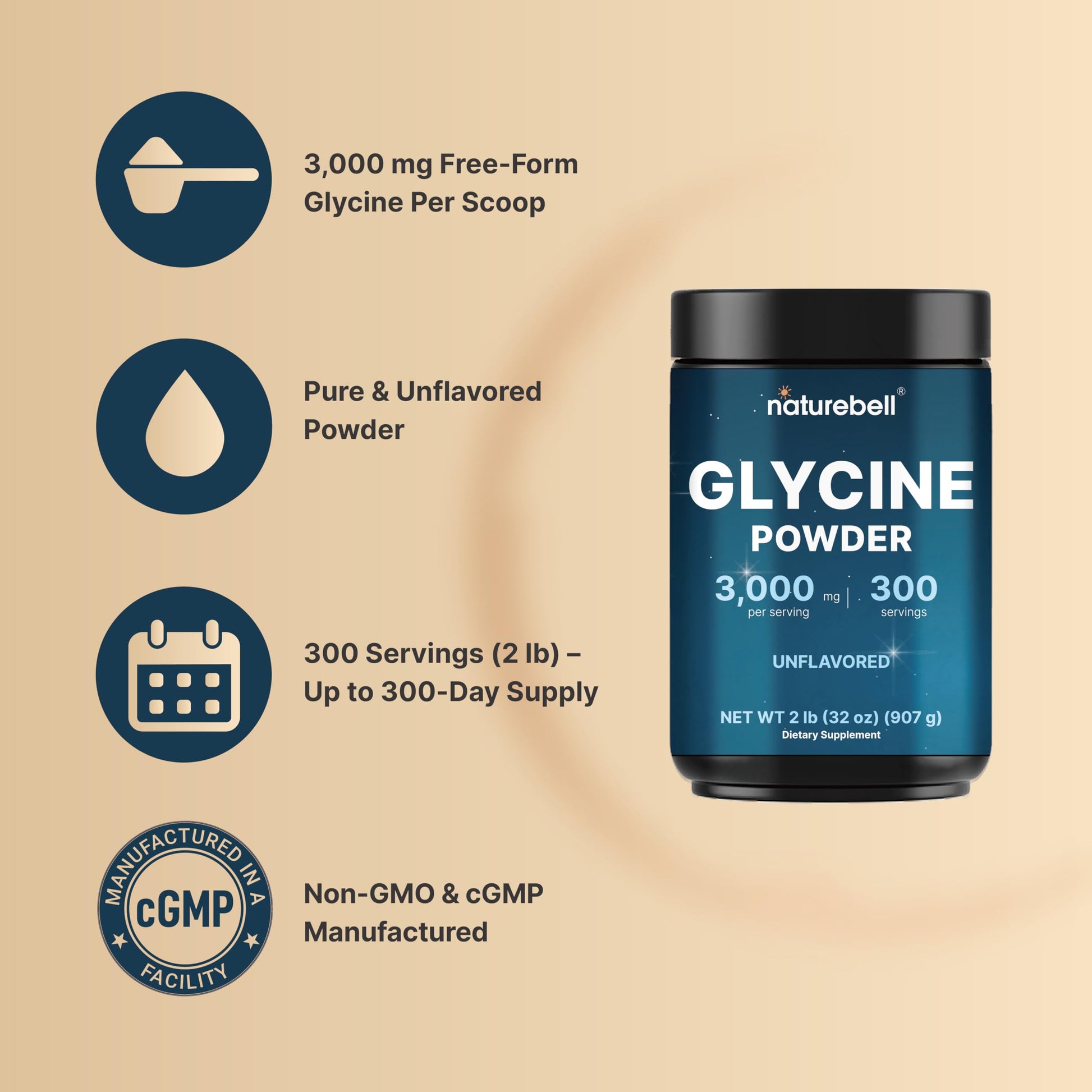 Glycine Powder, 300 Servings (2 lb) – 3,000 mg Free-Form Glycine Per Serving – Unflavored Pure Powder – Non-GMO, cGMP Manufactured NatureBell buy supplements canada