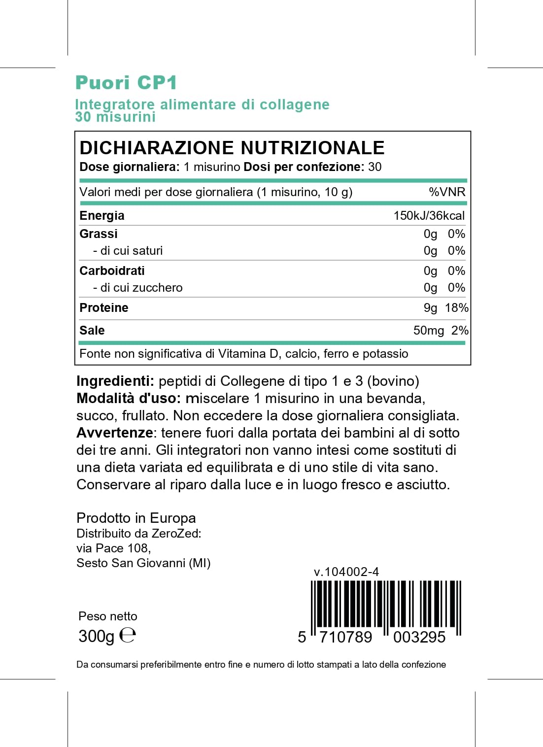 Puori CP1 Pure Collagen Hydrolysed Peptides 300g (30 Servings) Puori buy supplements canada