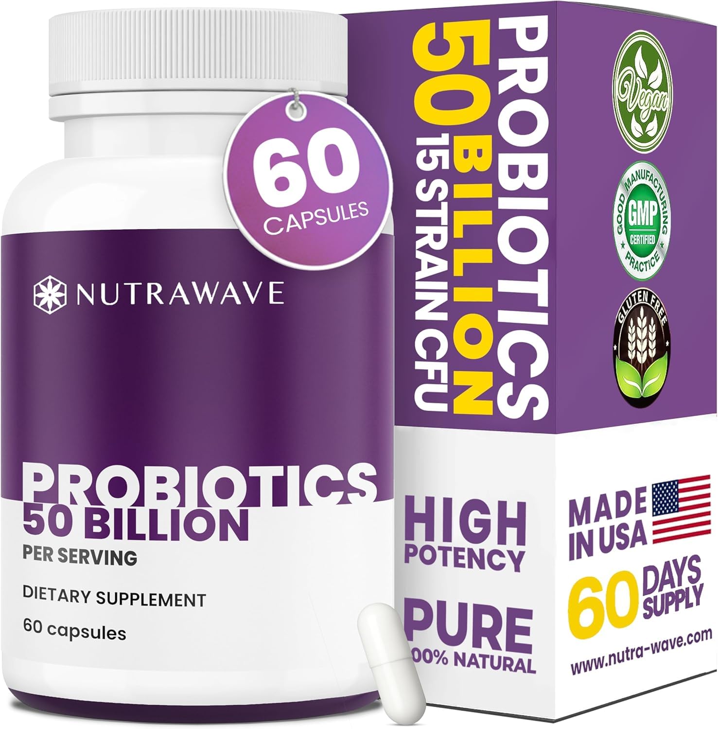 Nutrawave 50 Billion Probiotics for Women & Men, 15 Strains Active Culture. Relieves Bloating & Constipation, Improved Digestion & Gut Health Supplement, Vegan. 60 Powerful Small Capsules. Nutra Wave buy supplements canada