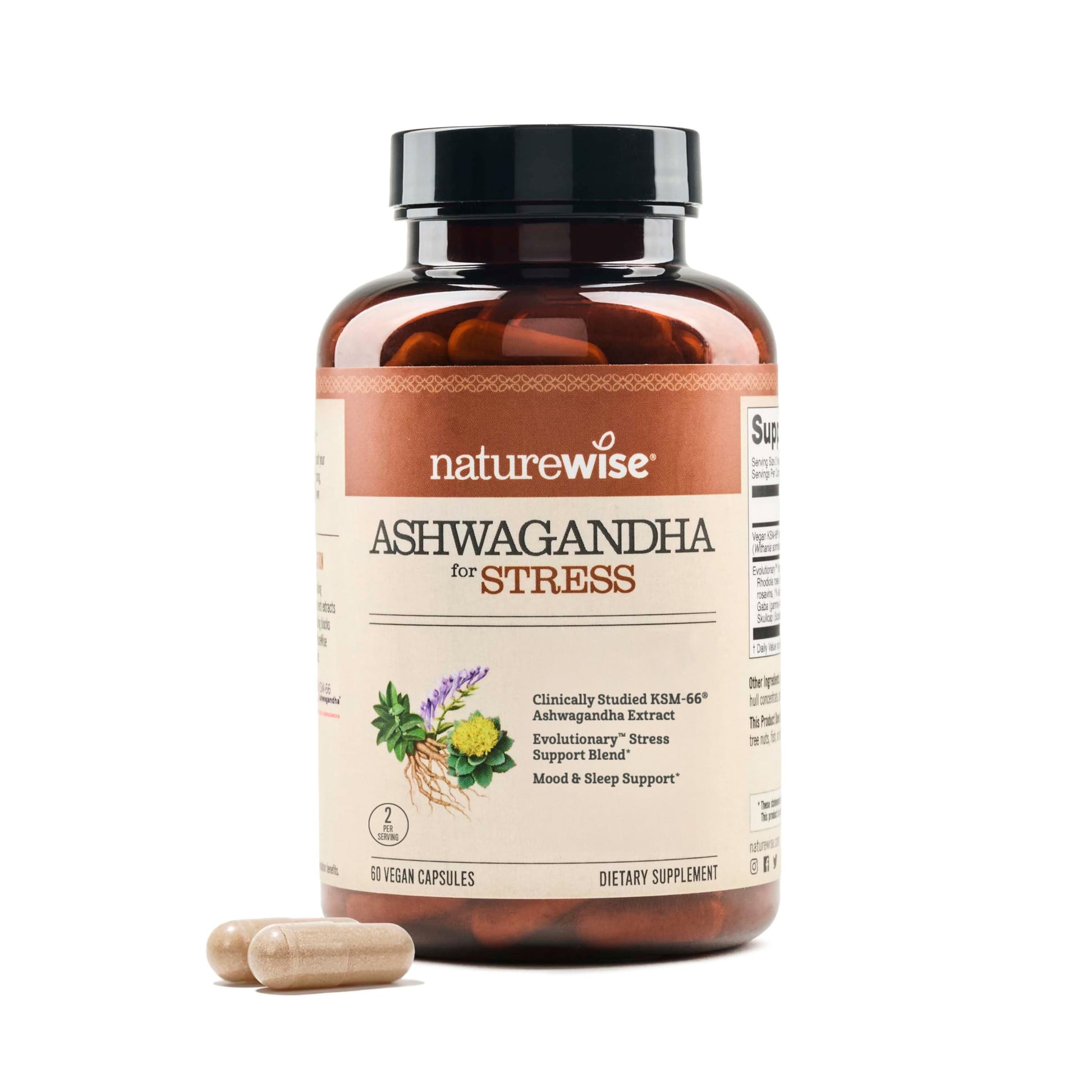 NatureWise Ashwagandha for Stress - With KSM-66 Extract, GABA, L-Theanine, Rhodiola Rosea - Herbal Mood & Sleep Support - Vegan, Non-GMO, Gluten-Free - 60 Capsules[1-Month Supply] NatureWise buy supplements canada