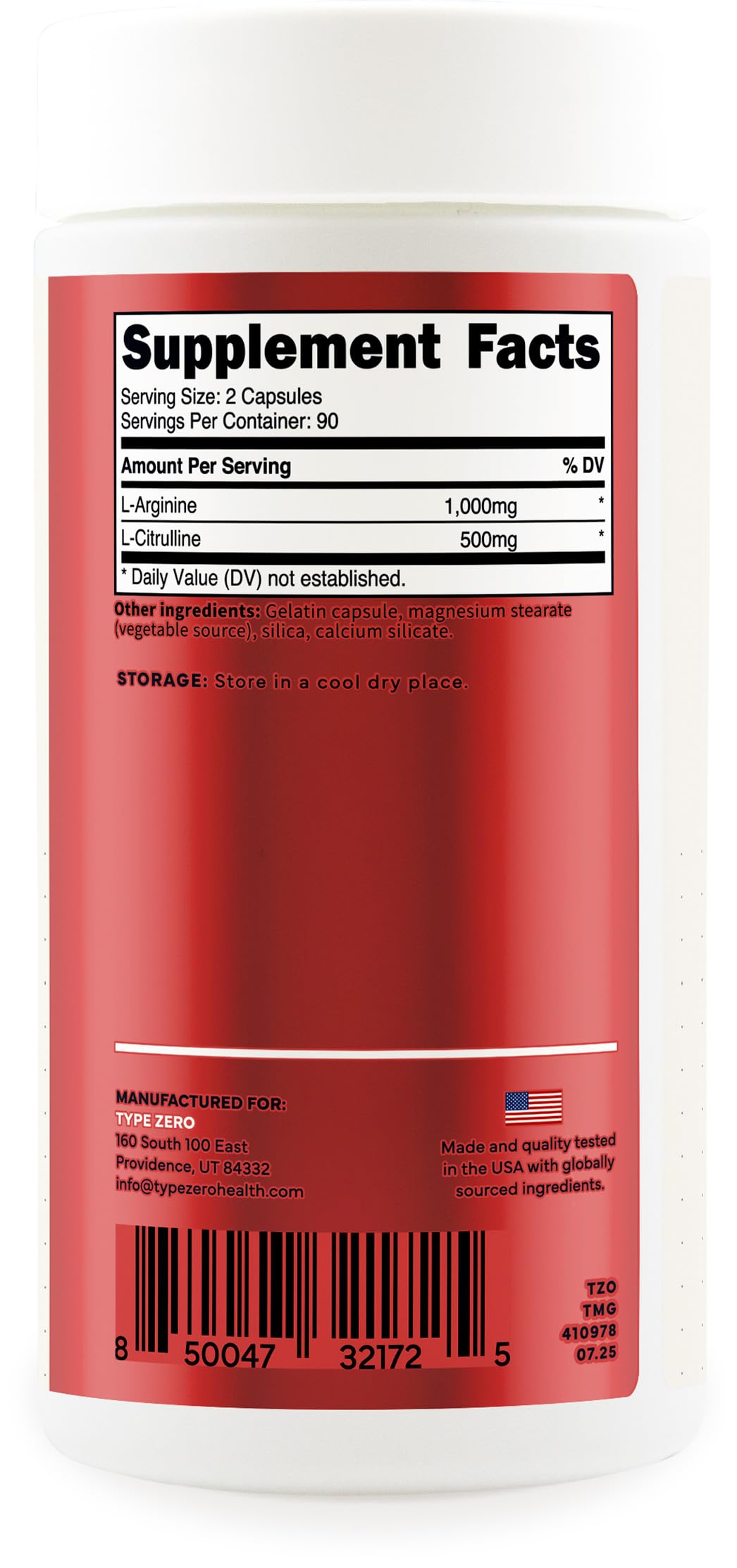 Type Zero L-Arginine + L-Citrulline Supplement (1500mg) - Nitric Oxide Booster - Clean, Keto-Friendly, GMO-Free, 180 Capsules, 90 Servings Type Zero buy supplements canada
