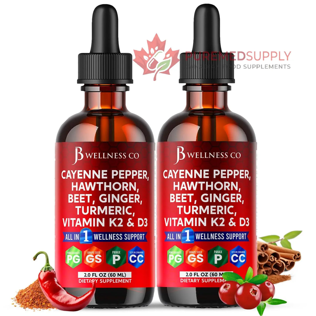Cayenne Pepper Supplement Liquid Drops + Hawthorn Berry, Vitamin D3 K2 Beet Root Powder, Ceylon Cinnamon, Turmeric Curcumin, Organic Panax Ginseng - 4oz JB Wellness Co buy supplements canada