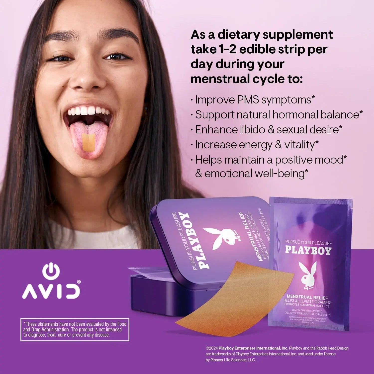 AVID Playboy - Menstrual Relief PMS Oral Strips (30 Edible Strips) Fast Dissolving PMS Cramp Relief & Hormonal Balance Strips for Women - Lemon Ginger Flavored Multi-Benefit PMS Supplement for Women Avid buy supplements canada