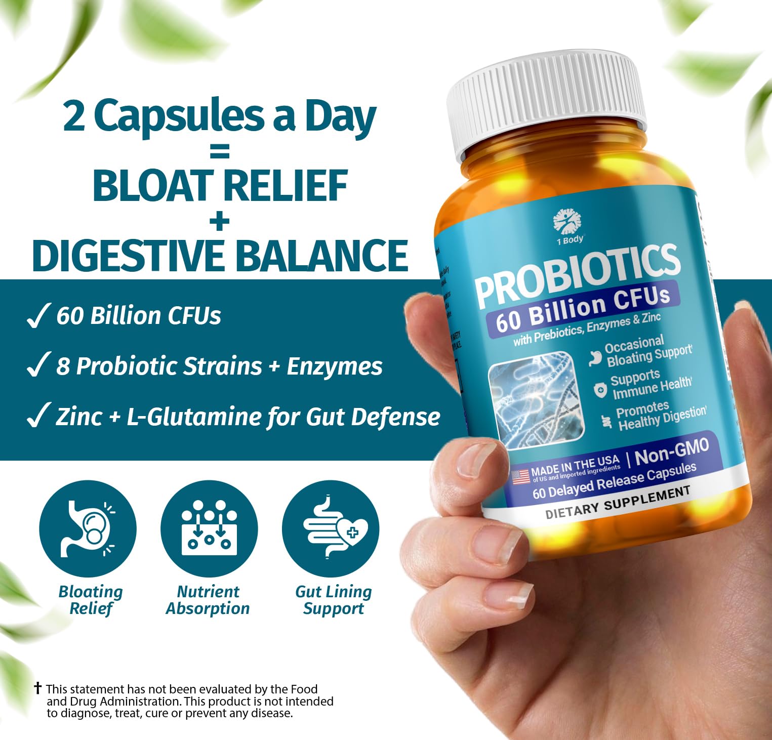 1 Body Probiotic 60 Billion for Men & Women, Gut Health Support with Prebiotics, Digestive Enzymes, Zinc & L-Glutamine, Non-GMO, 60 Vegan Capsules 1 Body buy supplements canada