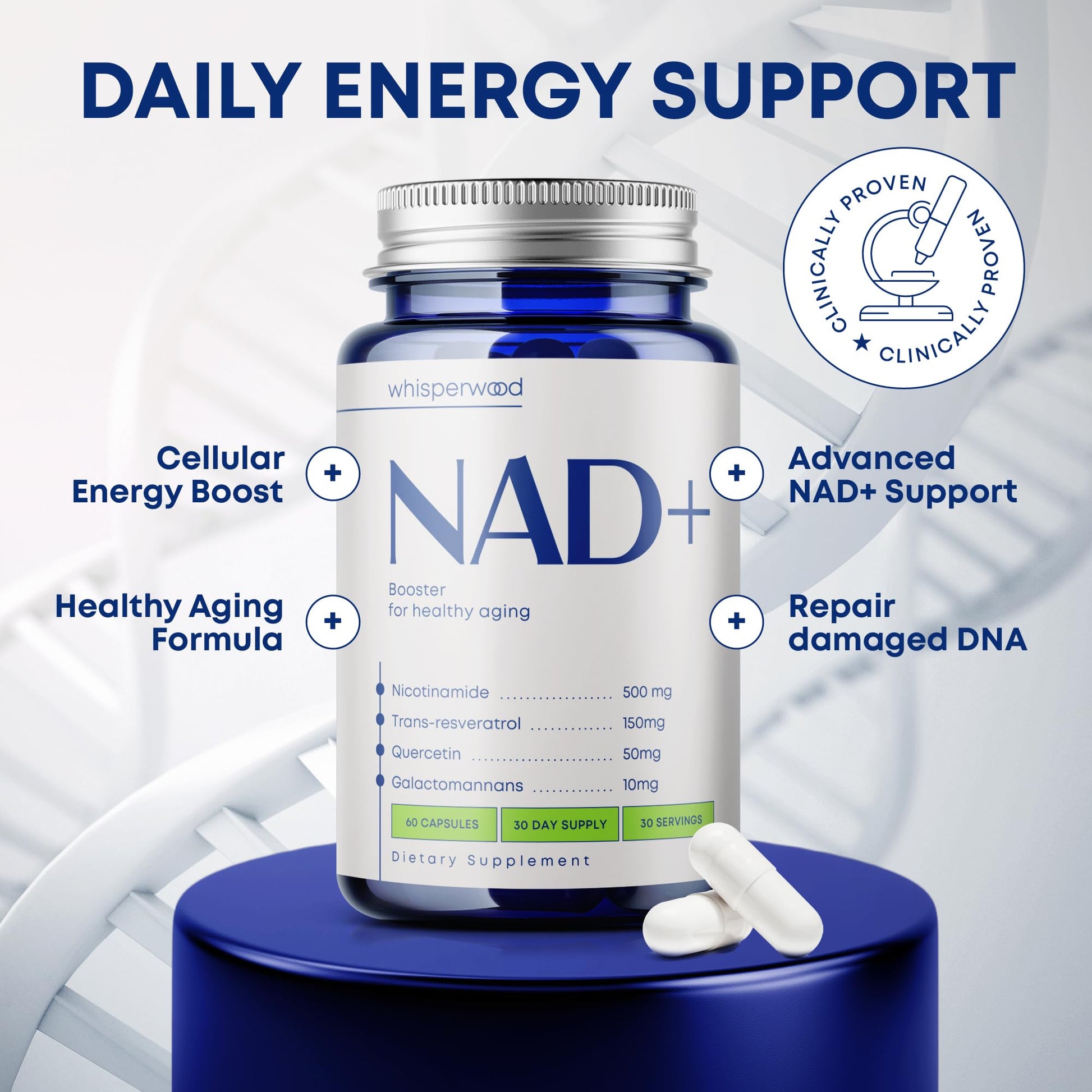 NAD+ Supplement with Nicotinamide Riboside, Trans Resveratrol & Quercetin – NAD Plus Complex for Energy, Brain & Mitochondrial Support – Antioxidant and Longevity Formula for Women & Men – 60 capsules WHISPERWOOD buy supplements canada
