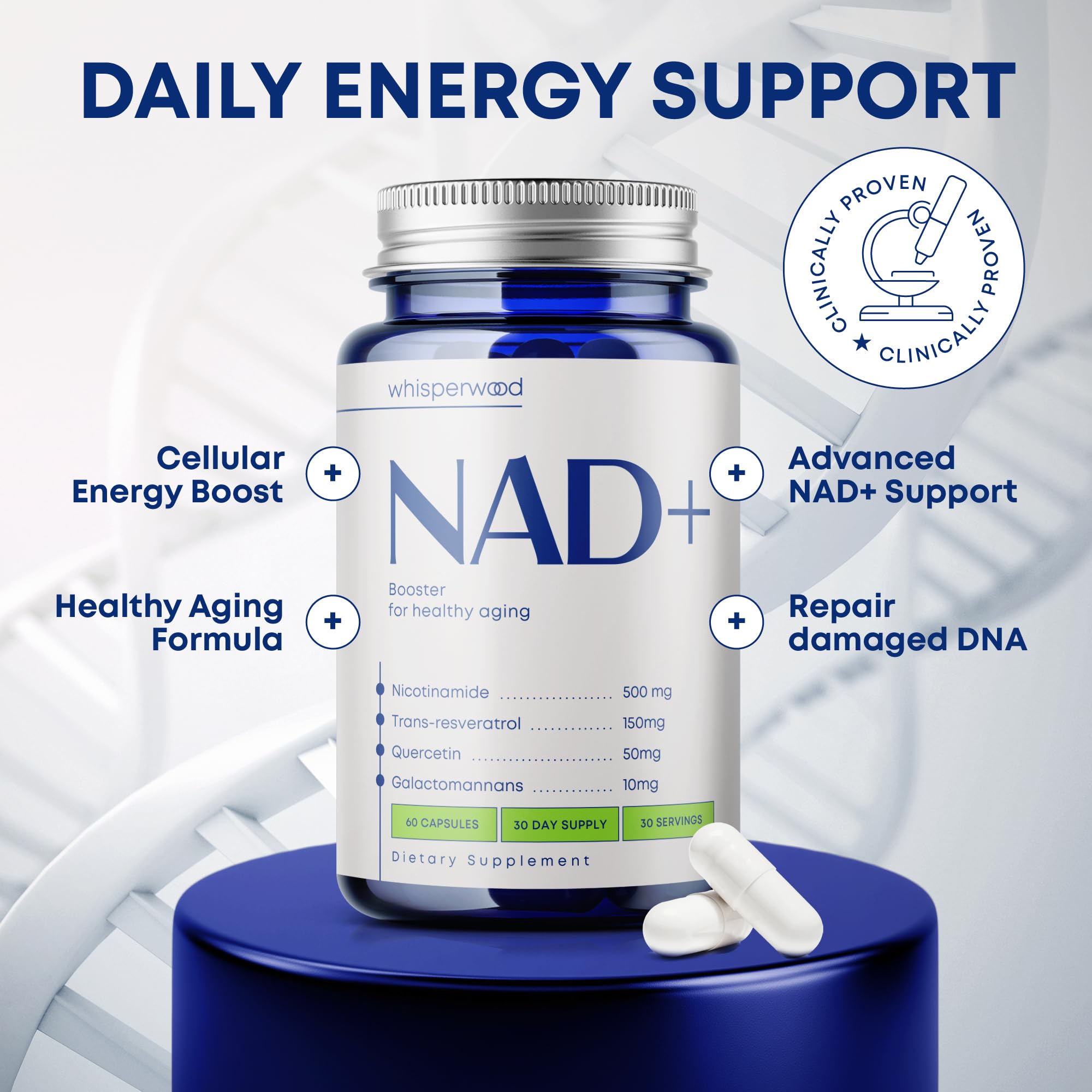 NAD+ Supplement with Nicotinamide Riboside, Trans Resveratrol & Quercetin – NAD Plus Complex for Energy, Brain & Mitochondrial Support – Antioxidant and Longevity Formula for Women & Men – 60 capsules WHISPERWOOD buy supplements canada
