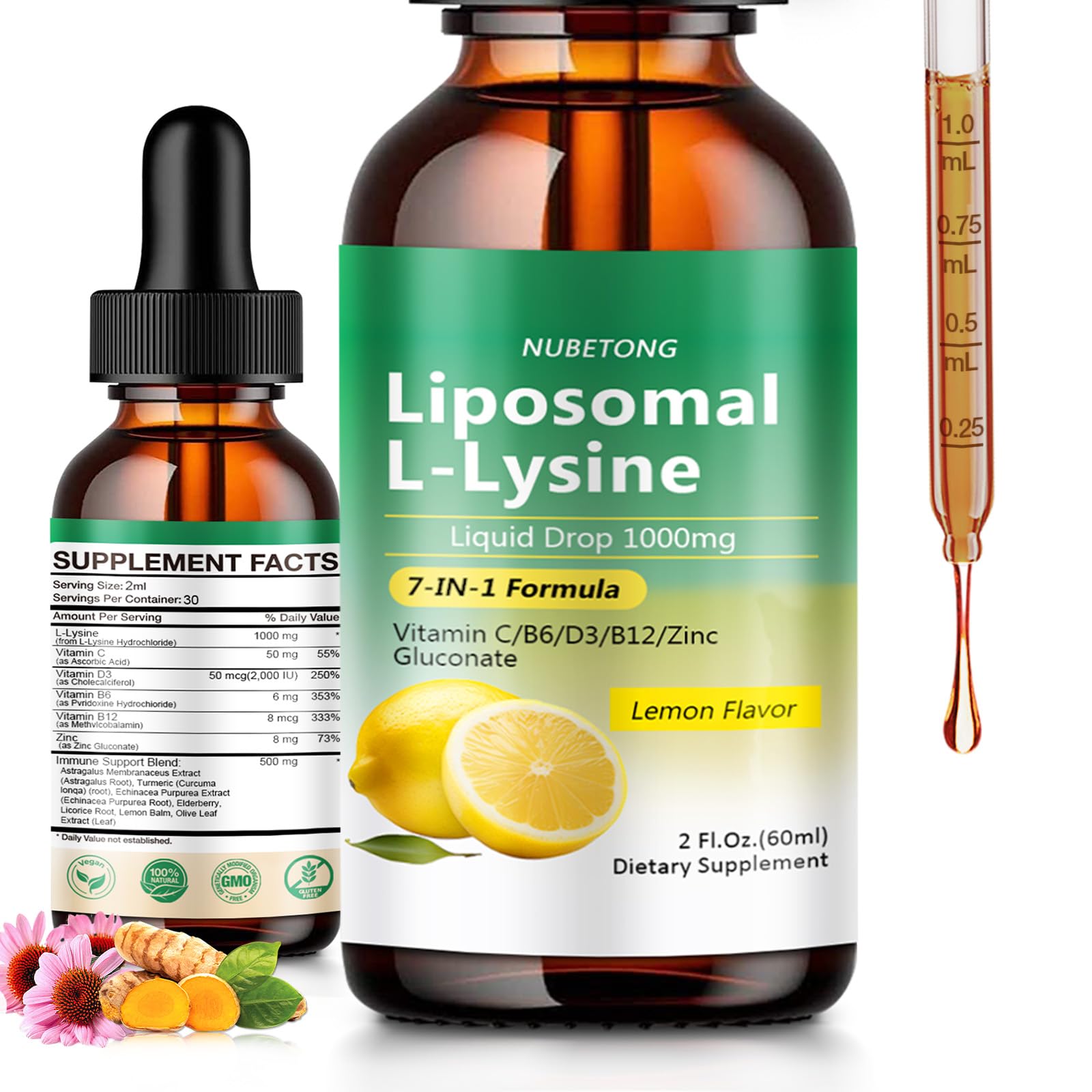 Liposomal L-Lysine 1000mg Liquid Drops, 7-in-1 Lysine Supplement for Adults with Vitamin C/B6/D3/B12 & Zinc Gluconate, Immune Support, Collagen Synthesis & Skin Lip Health, Lemon Flavor, 2 Fl Oz Nubetong buy supplements canada