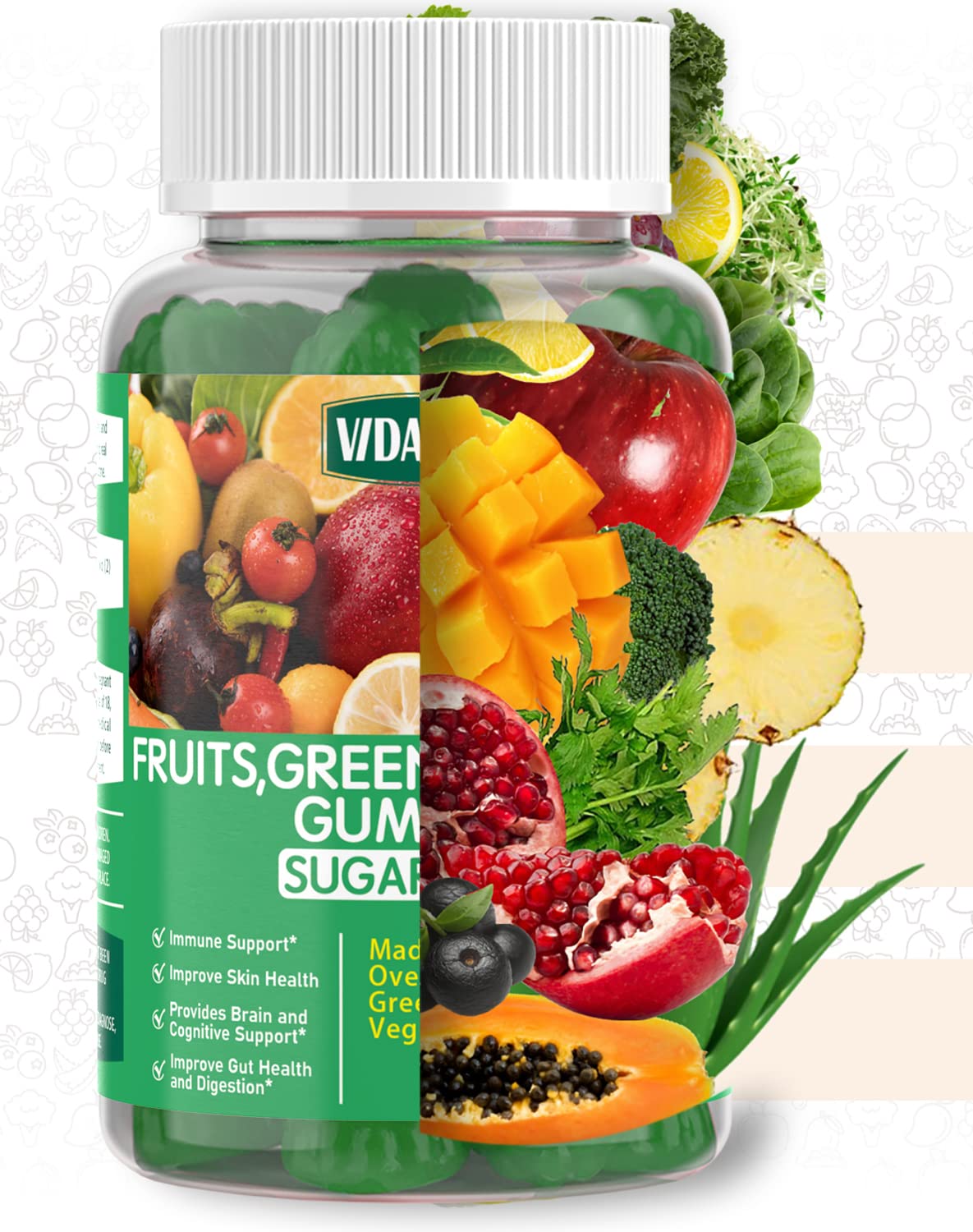 VIDAVITE Sugar-free Super Greens Gummies — US-Made, 35+ Fruit and Veggie gummies to Boost Immunity, Skin & Gut Health — Ideal Fruits and Vegetables Supplement VIDAVITE buy supplements canada