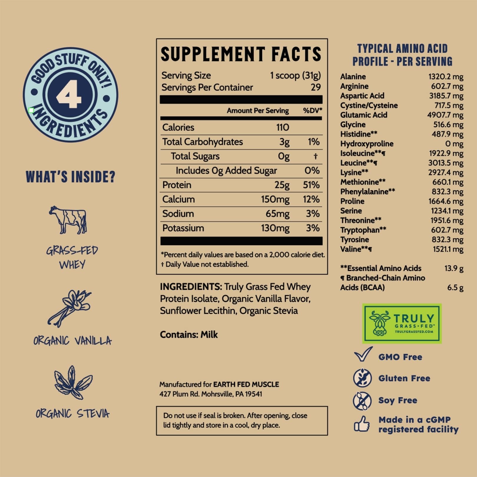Earth Fed Muscle Whey Back Irish Grass Fed Whey Protein Isolate, Third-Party Certified. 25g Protein, Vanilla - Non-GMO, Hormone Free, Soy Free, Gluten Free - 2 LB, 29 Servings Earth Fed Muscle buy supplements canada