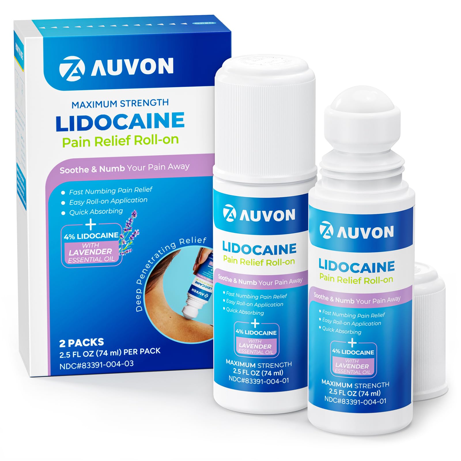 AUVON Max Strength Lidocaine Pain Relief Roll-On with Lavender Essential Oil, No Mess Applicator, Quick Absorbing to Numb & Soothe Pain Relief for Knees, Shoulders, 2.5 Oz, 2 Packs AUVON buy supplements canada